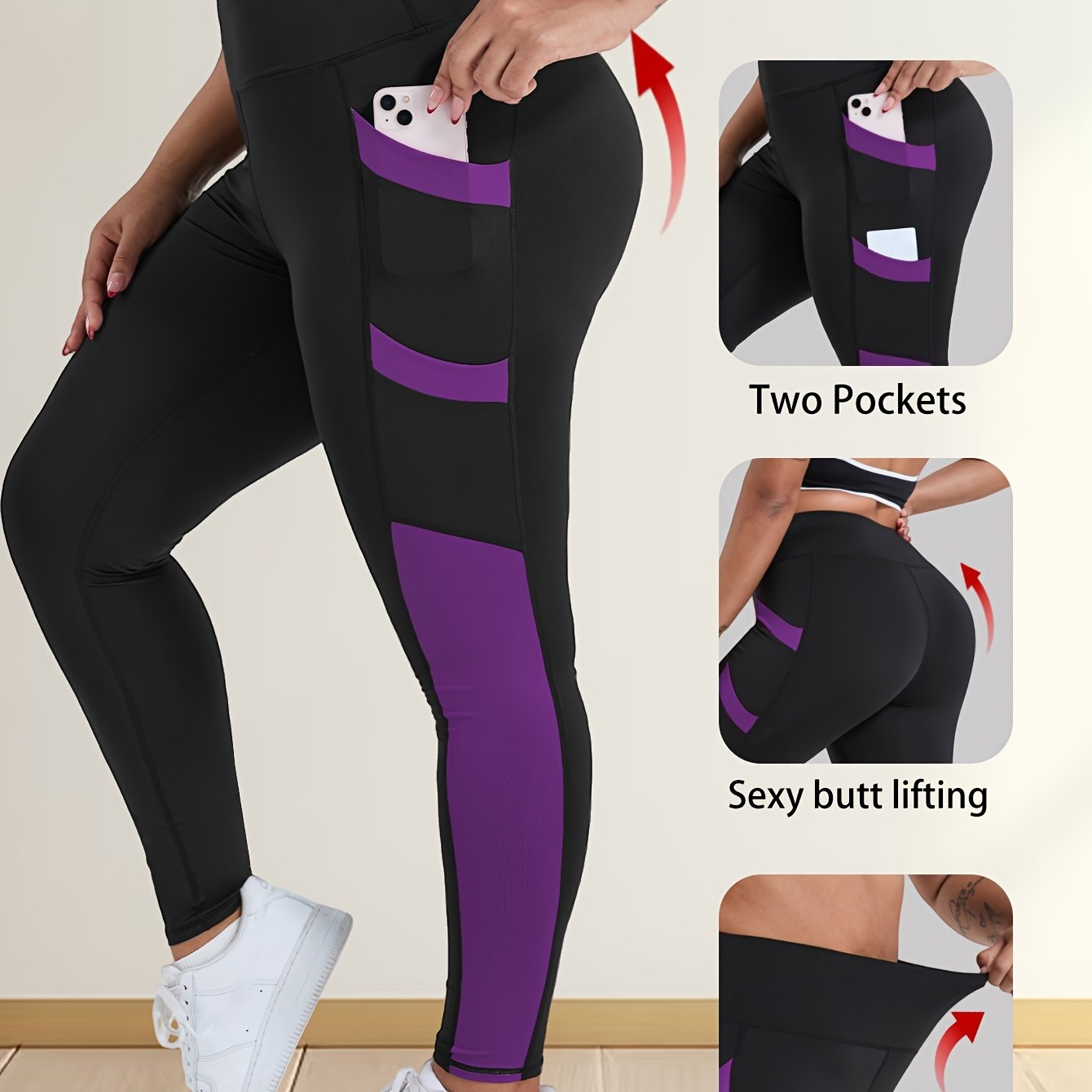 TEMU Plus Size Women's High-waisted Yoga Pants Tummy Control Workout Leggings With 4 Side Pockets Color-blocking Design,for Running, Fitness Casual &