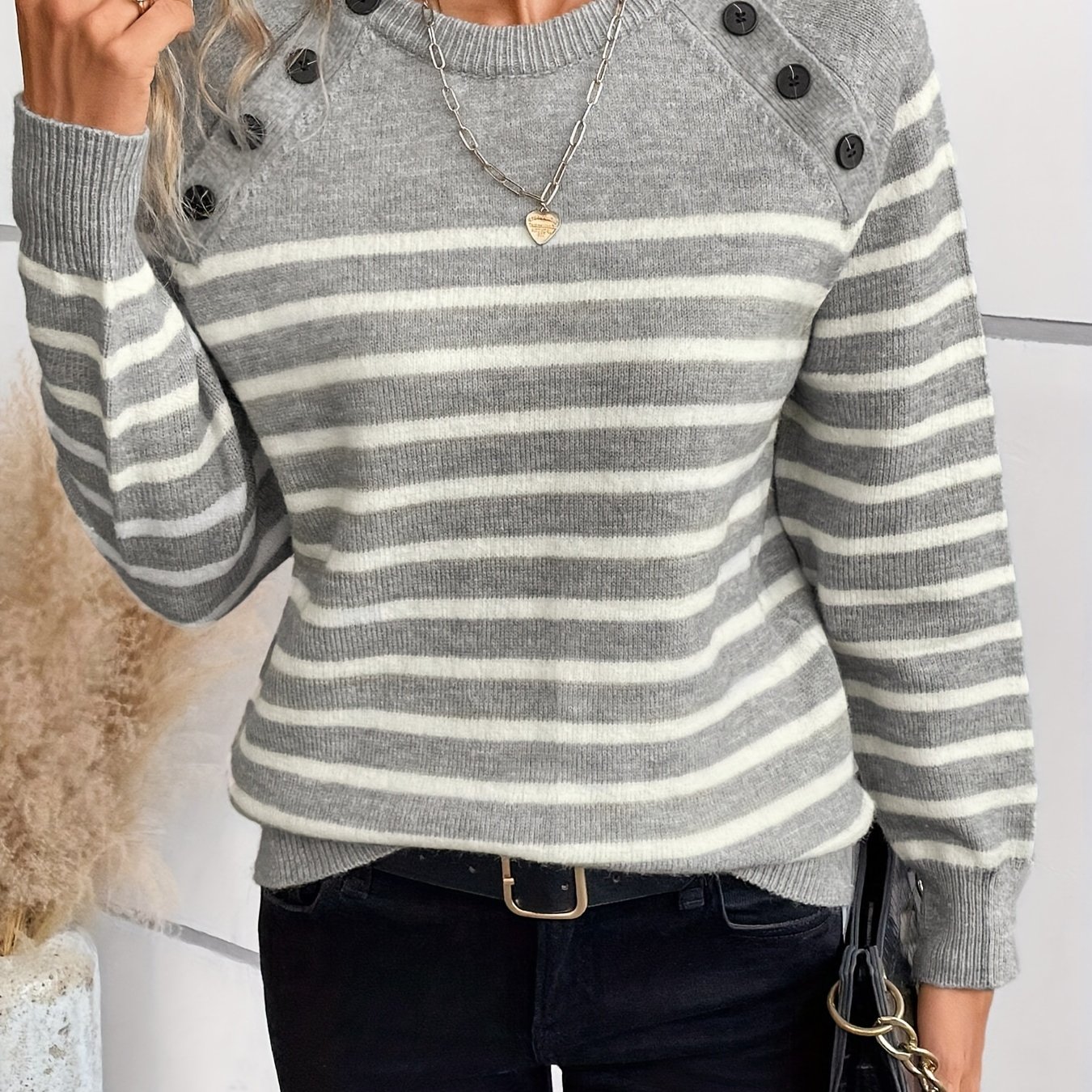 Targeted Development Casual Button-up Striped Round Neck Long Sleeve Top