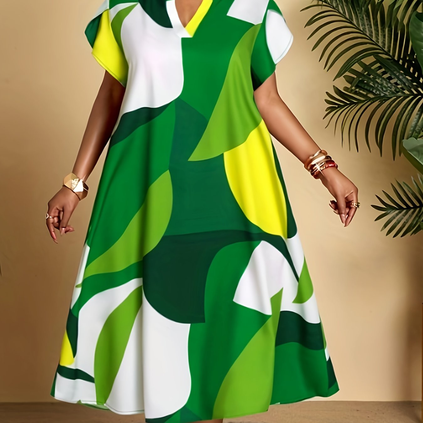 E-shop Elegantes lässiges Color-Block-Patchwork-Kleid in Übergröße mit Aufdruck für alle Jahreszeiten, kaschiert schlankt die Figur, geeignet für den