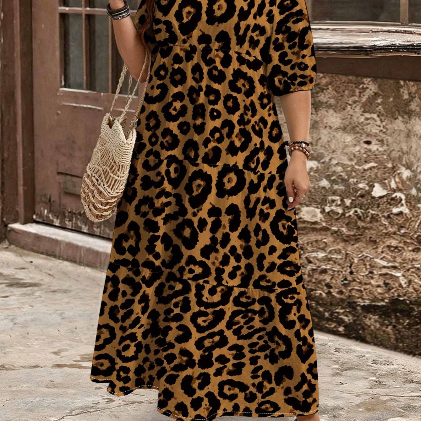Image of Plus Size - Summer Plus Size Leopard Print V-neck Bubble Short-sleeved Maxi Dress For Women. Layered Cake . Vintage Casual Boho Resort Elegant Dress