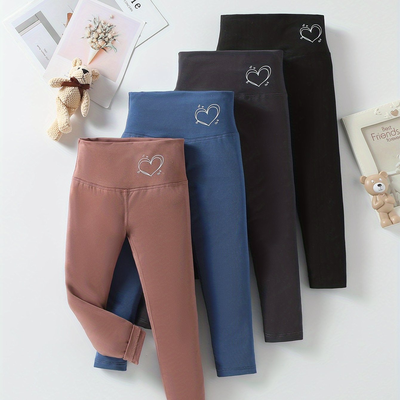E-shop 4er-Pack Mädchen-Leggings, Herbst/Winter Größe M/L für große Mädchen Kleinkinder, Strumpfhosen mit Herz-Aufdruck, Yogahosen mit hoher Taille,