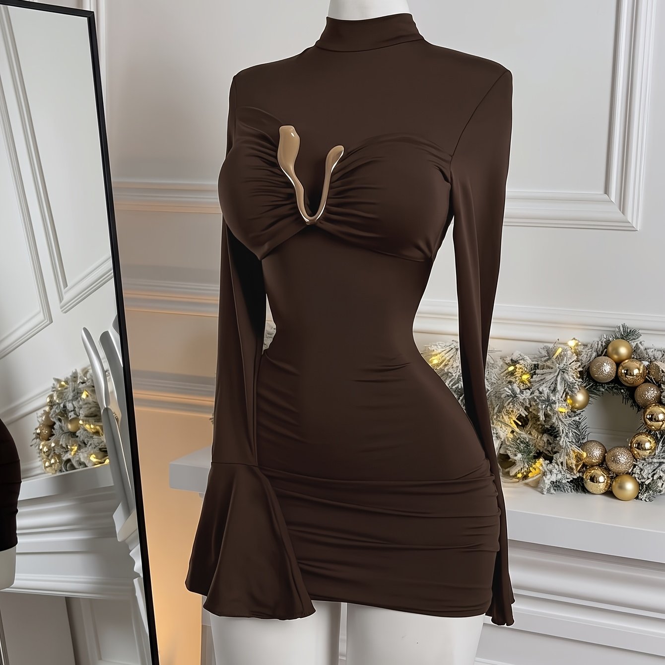 TEMU Women's High Neck Mini Long Sleeve Dress With Metal Accents, Solid Color Minimalist Style, Extra-long Flared Sleeves, Asymmetrical , /autumn