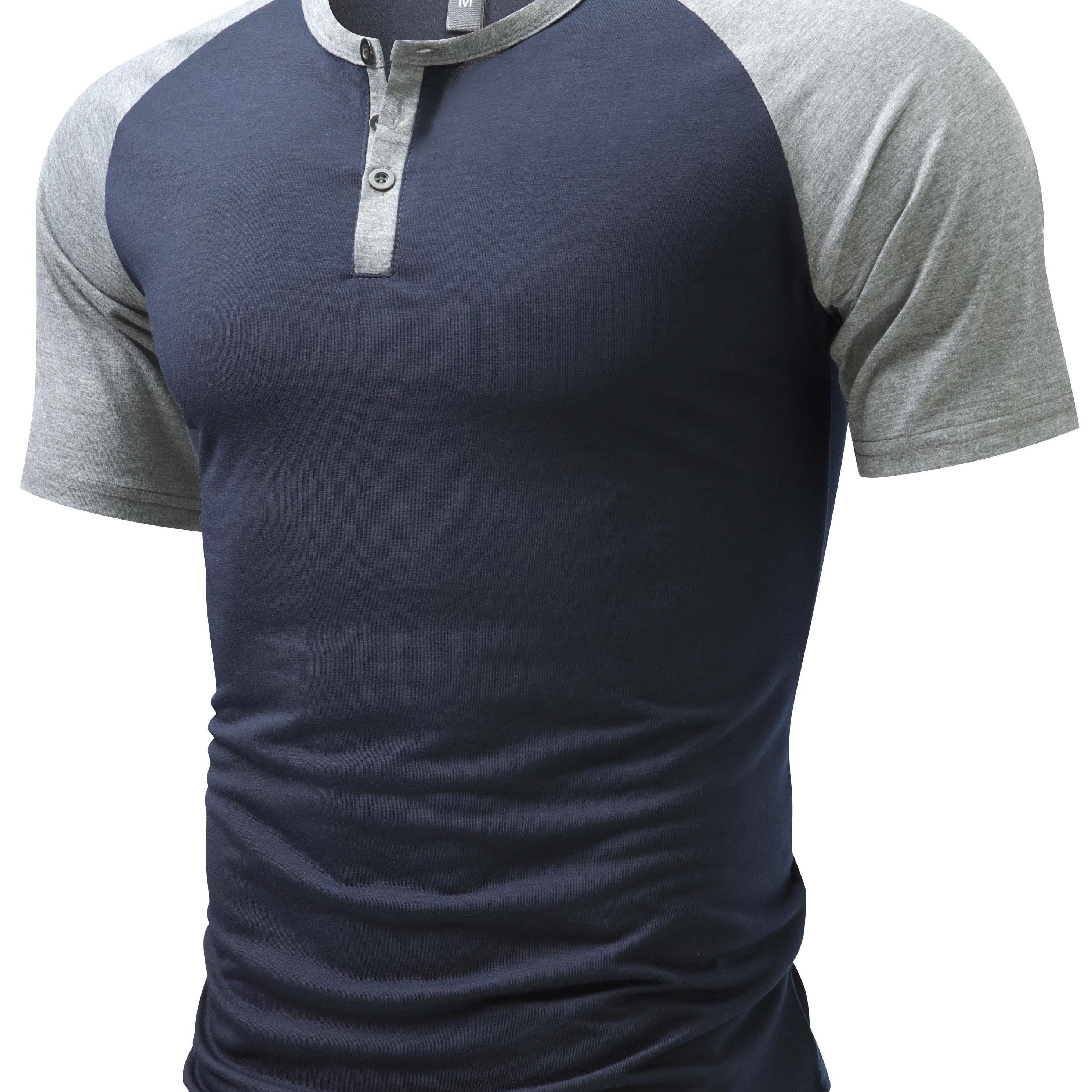 TEMU Camiseta Henley Deportiva De Manga Corta Raglán Para Hombre, Transpirable Y Cómoda, De Bloque De Color, Para Exteriores De Verano.