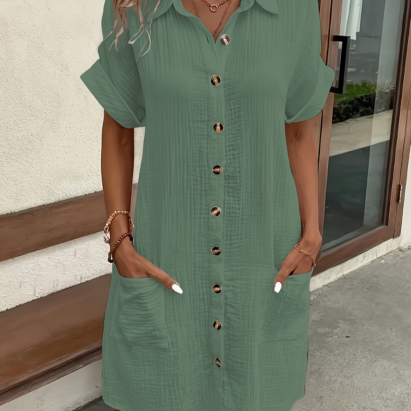 Simple Solid-color Shirt Dress, Made Of Breathable, Featuring A Lapel Collar And Button Arrangement That Adds A