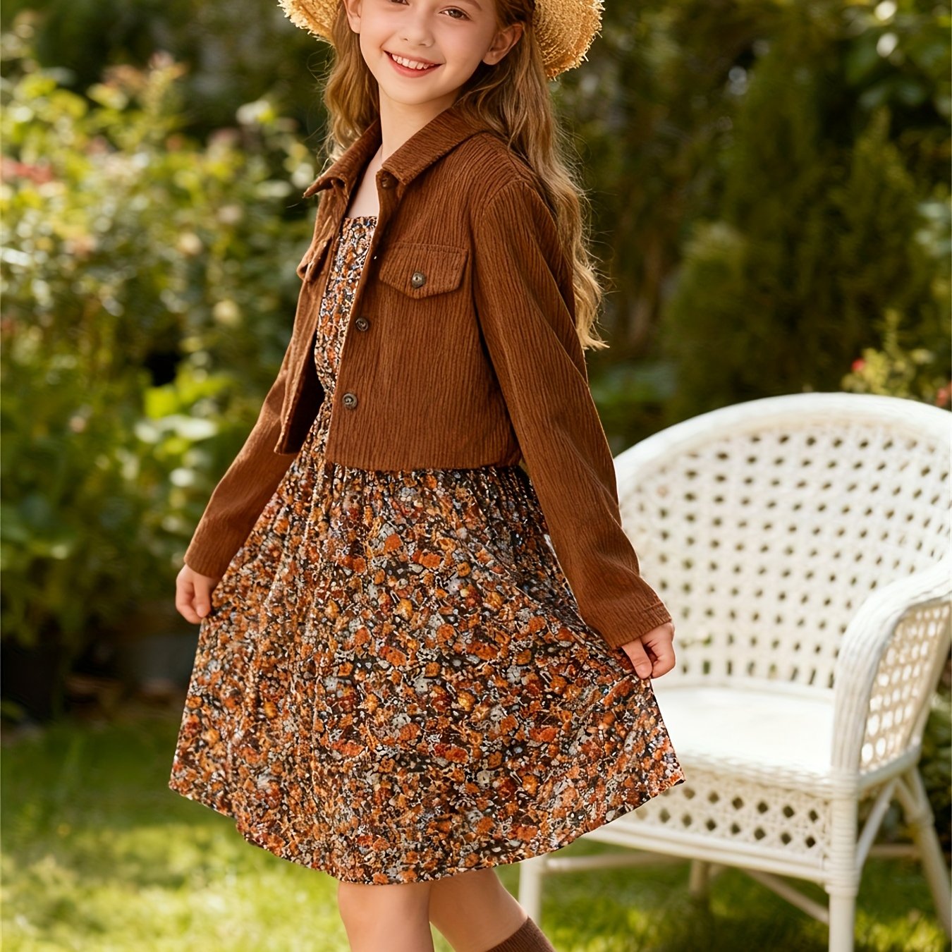 Image of Girls' Casual Woven Long Sleeve Shirt Top And Floral Dress Set, Perfect For Outdoor,christmas,halloween