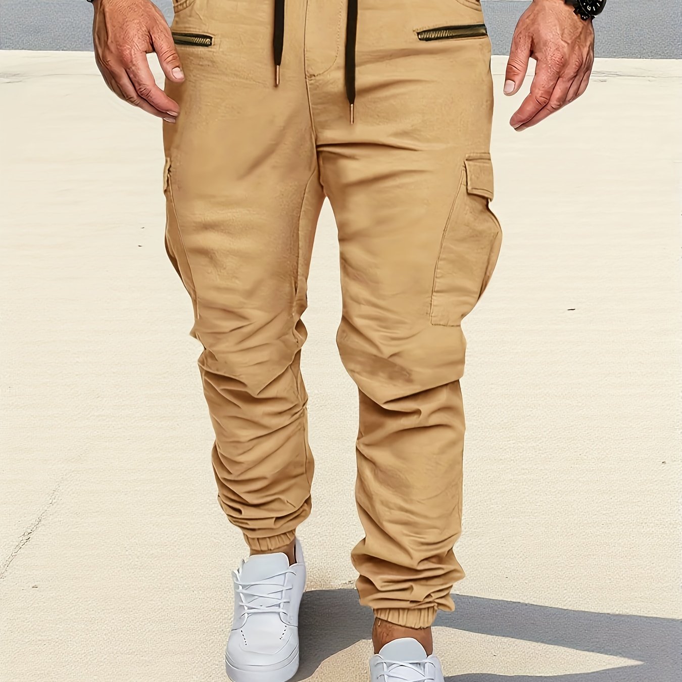 TEMU Men's Casual Cargo Pants - Tan With Multiple Pockets & Adjustable Drawstring Waist, Regular -season Workwear-style Trousers, Machine Washable,