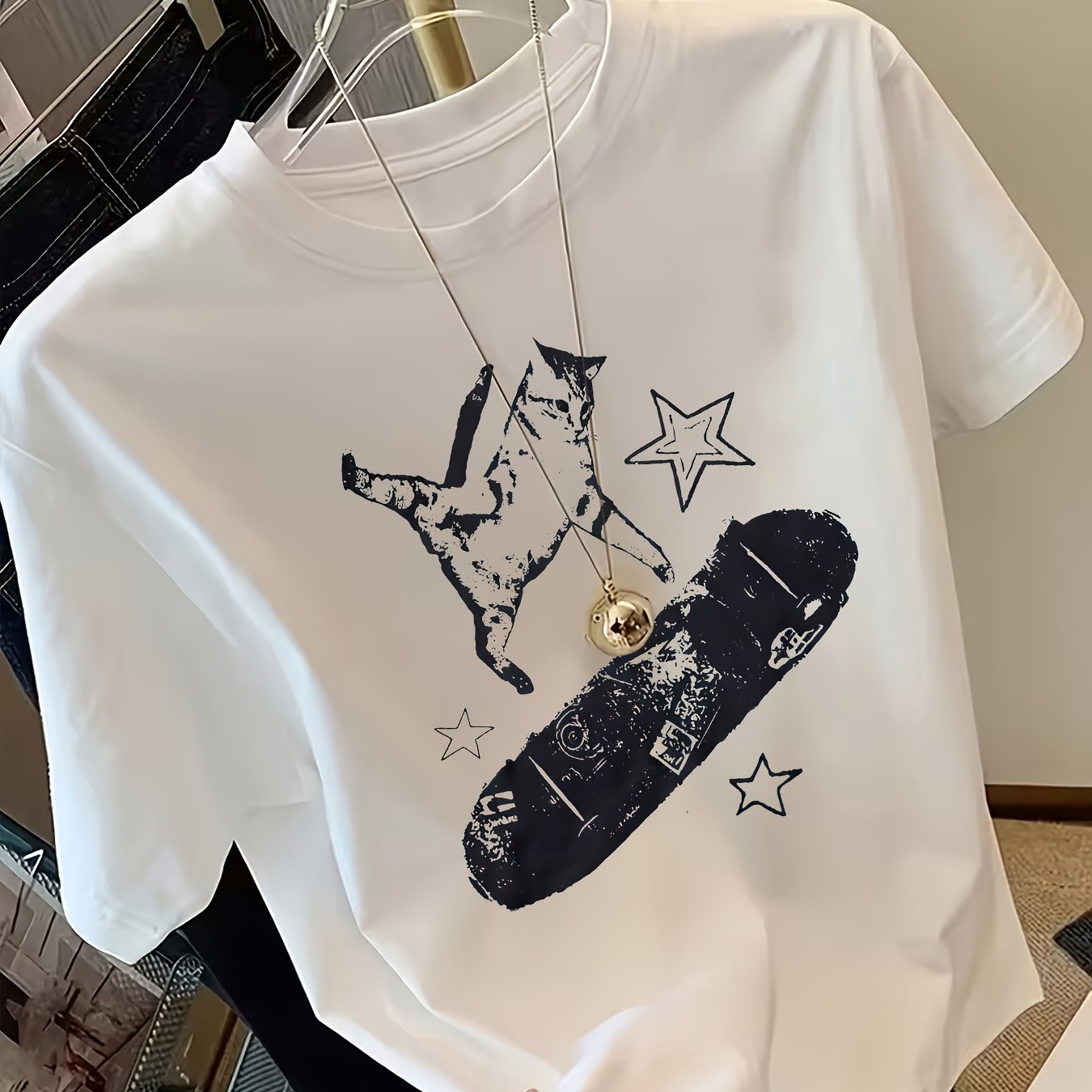 TEMU Abstract Kitten Riding A Skateboard With Star Pattern Print, Daily Crew Neck Short Sleeve T-shirt, Women's Printed T-shirt For Spring/summer,
