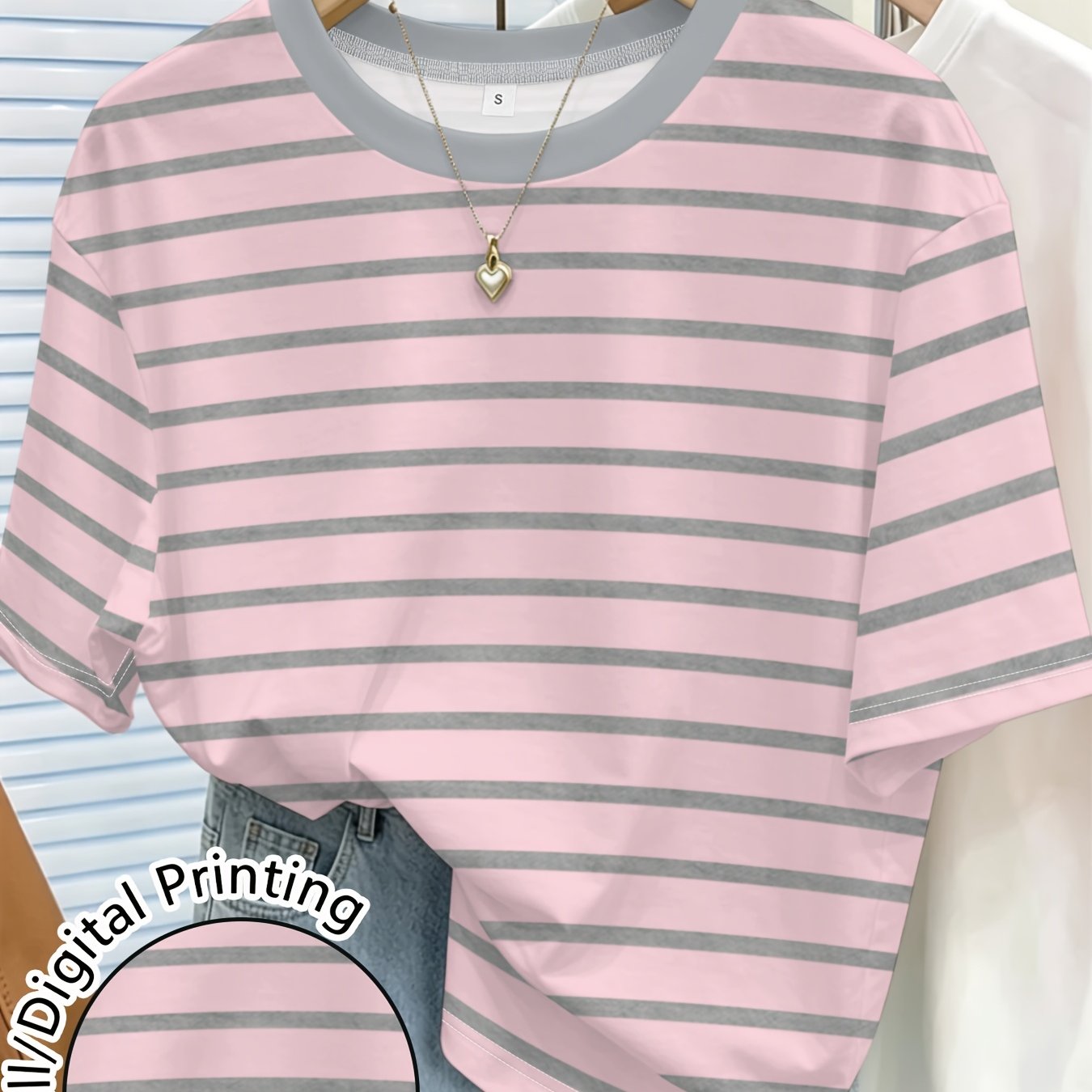 TEMU Women's Striped Printed Crew Neck Short Sleeve T-shirt, Casual Comfortable Versatile