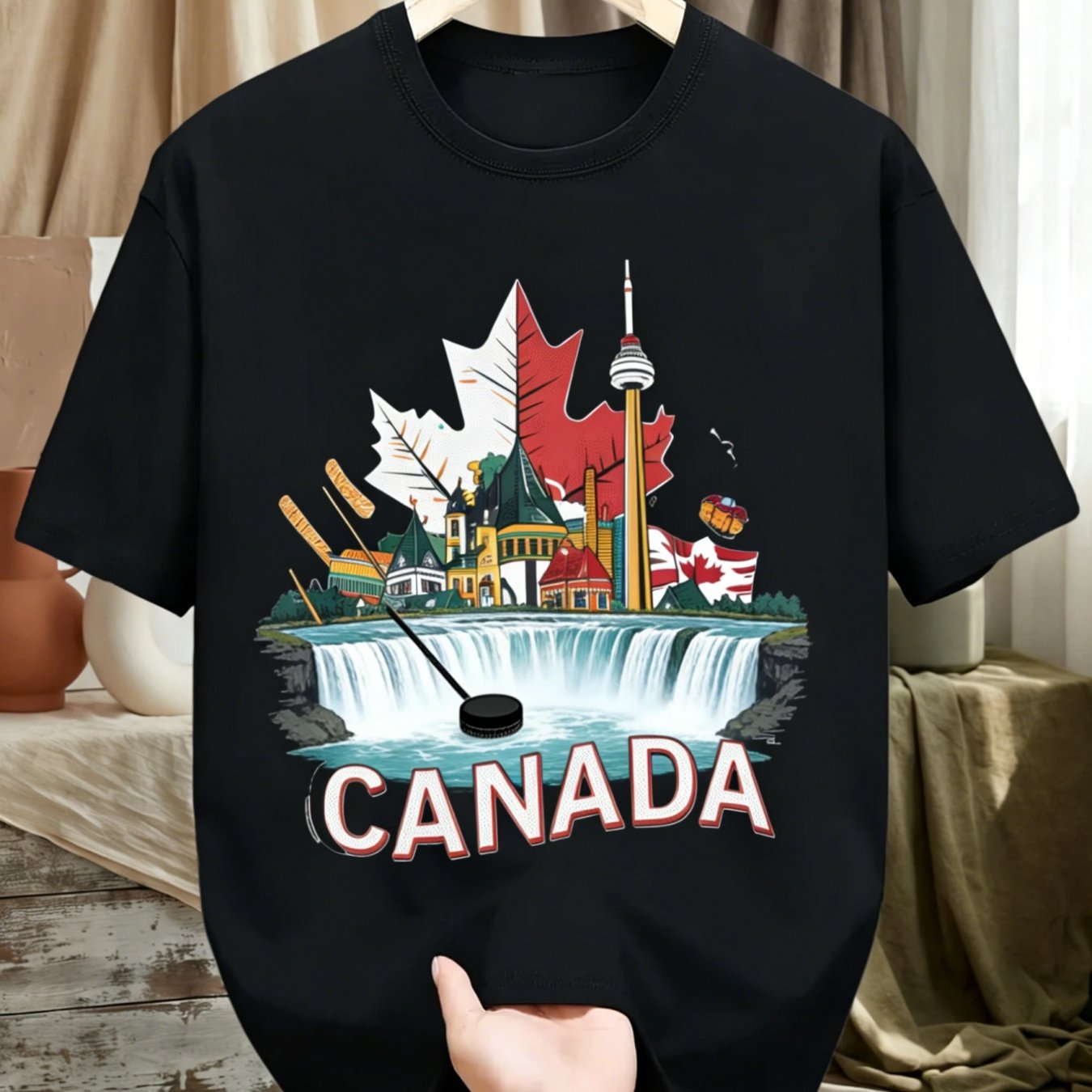 TEMU S All Season T-shirt_black Maple Leaf And Vancouver Logo Print_breathable Casual Top Suitable For Hiking And Casual Attire_trendy Plain T Shirt