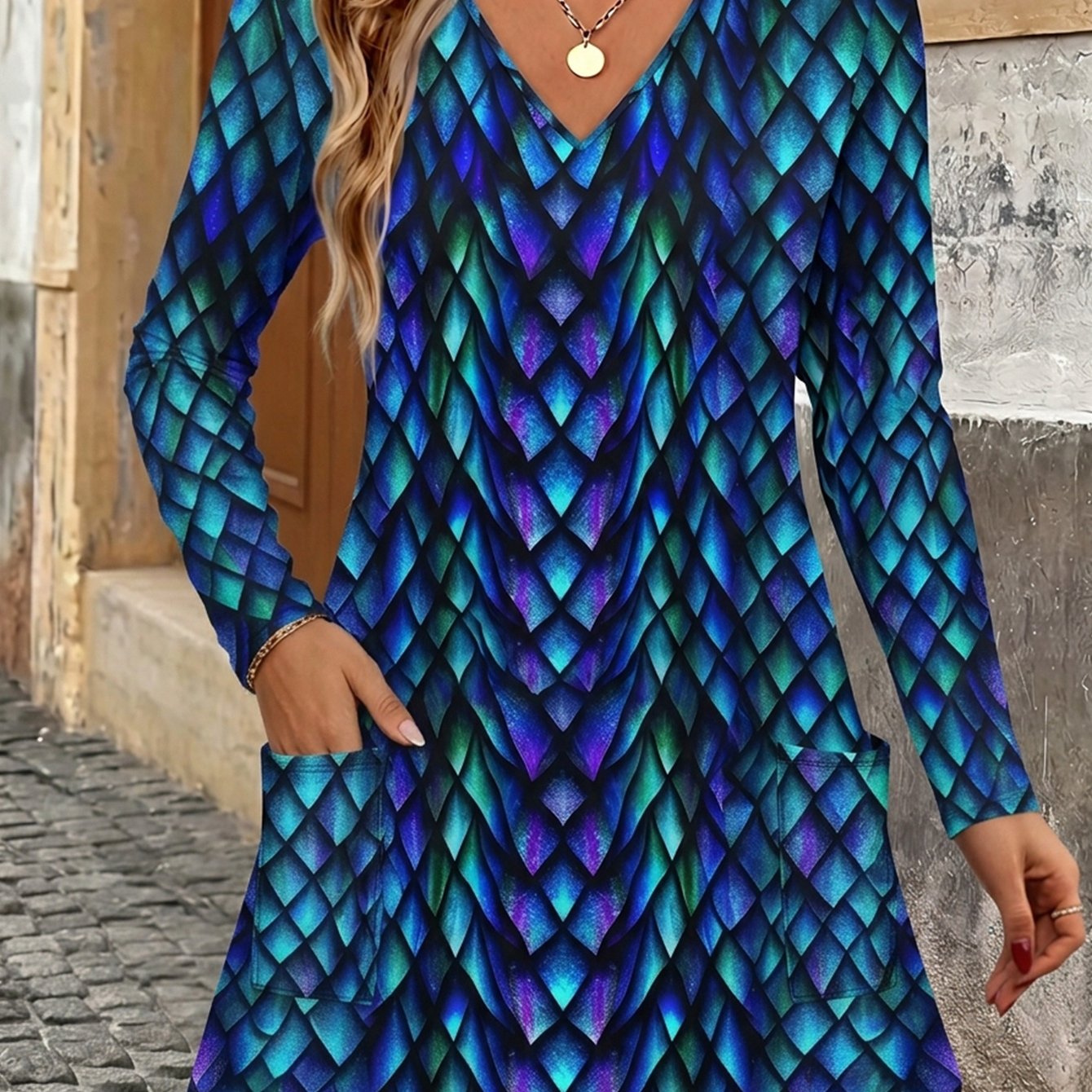 Image of Plus Size Women's Long Sleeve Iridescent Fish Scale Long Tunic Top, Blue Green Purple Gradient Shiny Diamond Scale All V Neck Loose A Line Hem Hip Cover Long Blouse