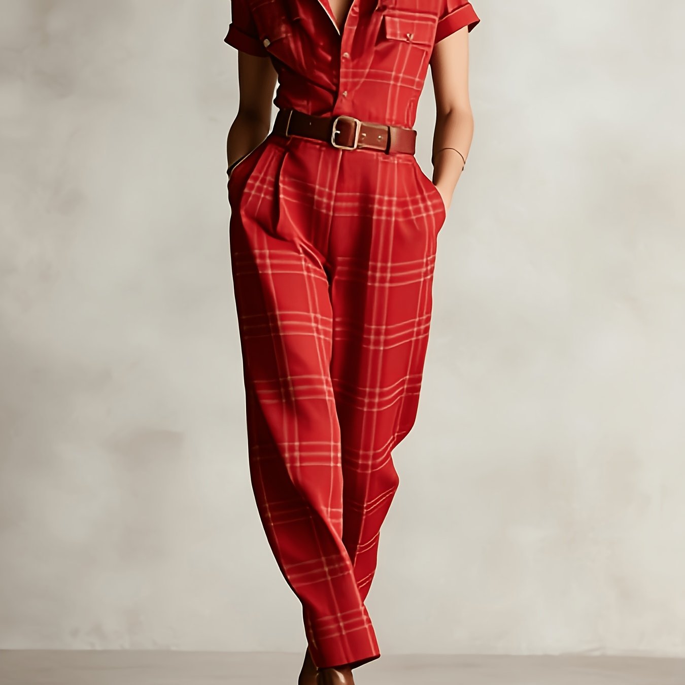 Image of Spring And Summer Ladies Fashion Style Casual Fitted Printed Collar Short-sleeved Dress Pants Long Wide Leg Pants