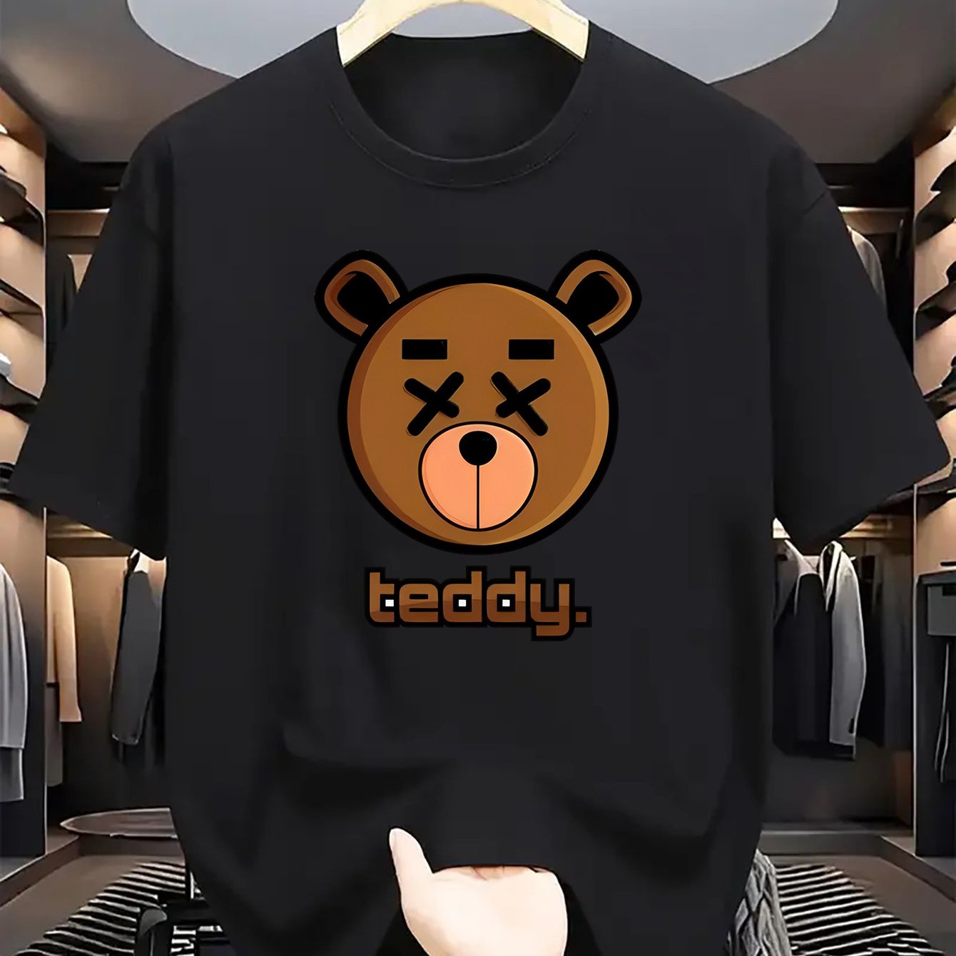 TEMU Men's Casual Short Sleeve T-shirt With Teddy Bear Head Print, Breathable Soft Knit Fabric, Regular Fit, Polyester, Round Neck, Stretchy, , Fashionable For Outdoor &