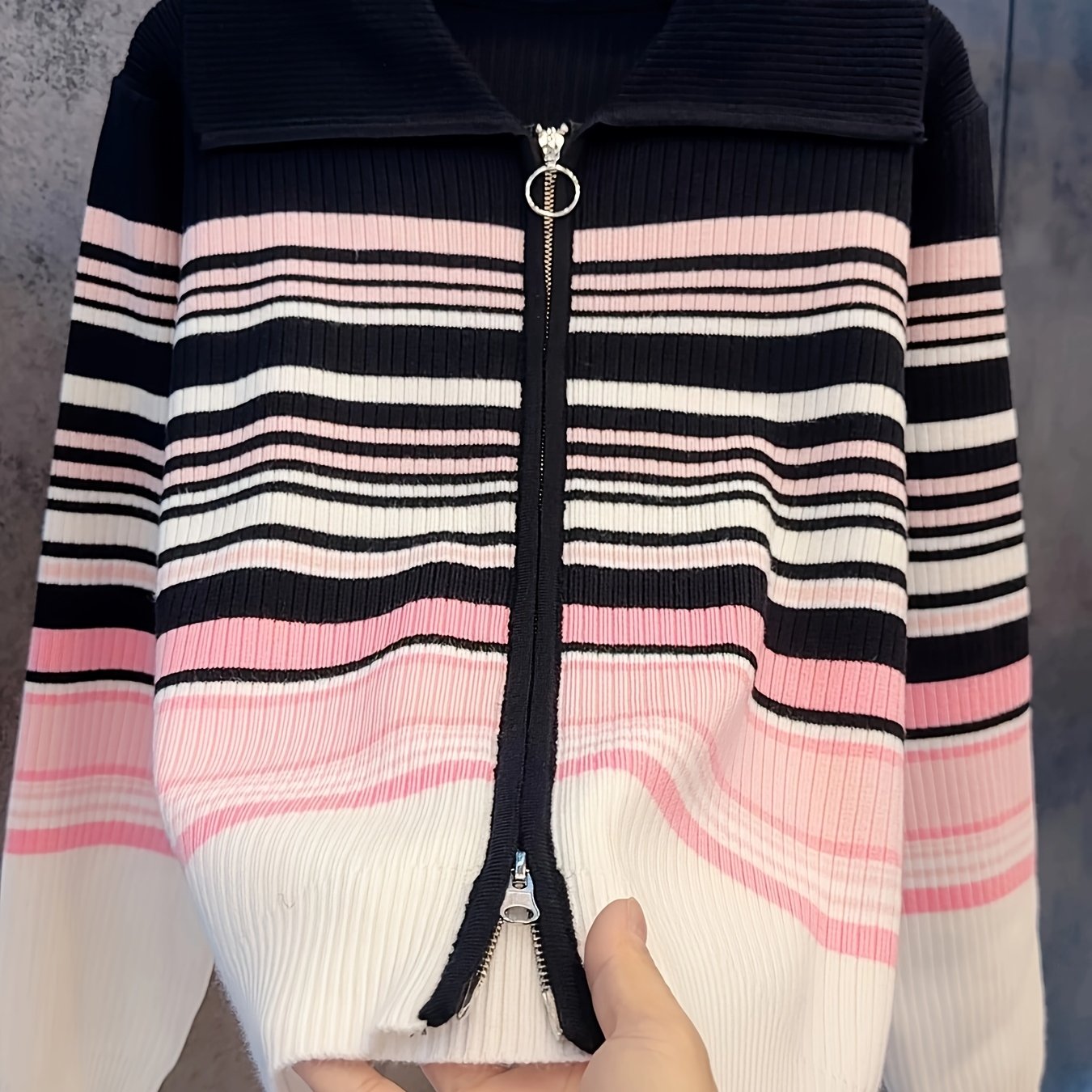 TEMU Plus Size, [plus Size Women's Clothing 80-200 ] Collar Striped Early Autumn Commuting Cardigan Double Zipper Top Jacket 2013