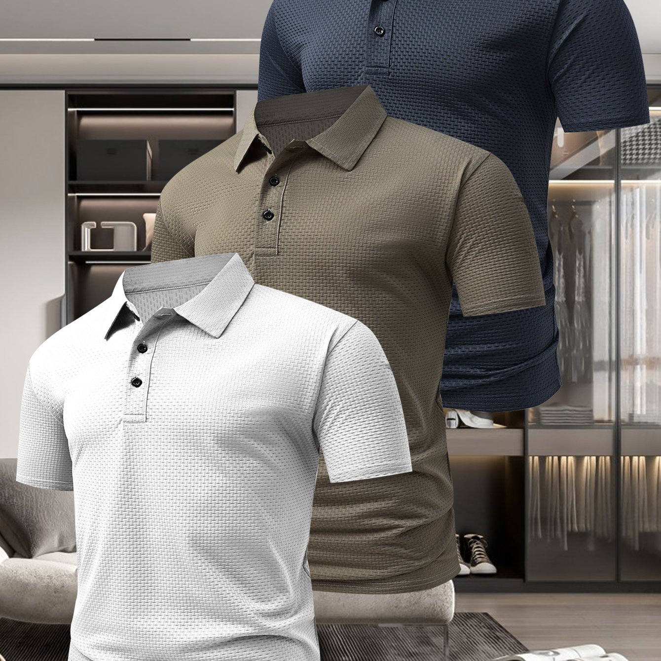 TEMU Summer Men's Fashion Casual Short Sleeve Lapel T-shirt, Versatile Style, 3pcs Set! New Jacquard Quick-dry Fabric Comfortable T-shirt, Outdoor