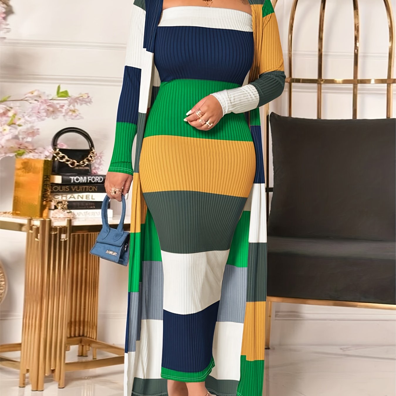 Plus Size Casual Outfits Set, Women's Plus Colorblock Stripe Print Tube  Dress & Long Sleeve Cardigan Outfits - Temu