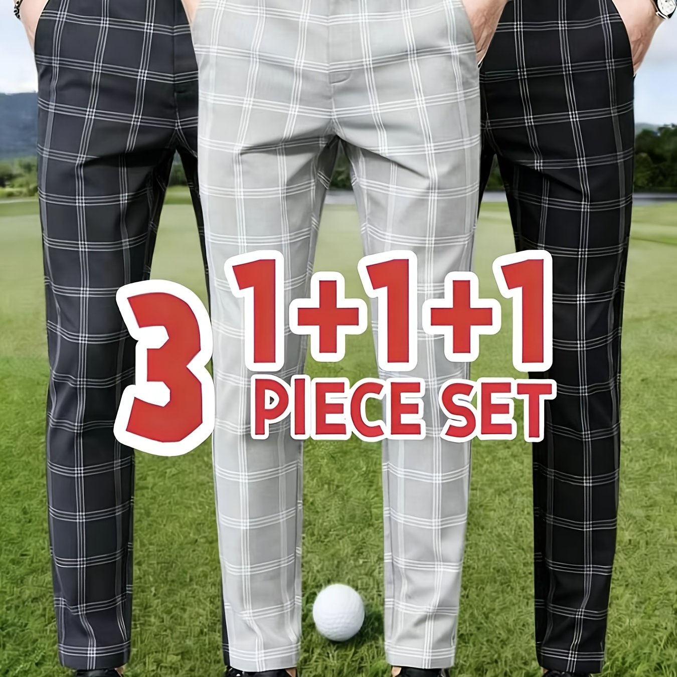 TEMU [shule Water Obm] 3pcs Men's Plaid Fashion Slim-fit Trousers, Comfortable Fabric, Slim Trousers With Pockets, Suitable For Public Places