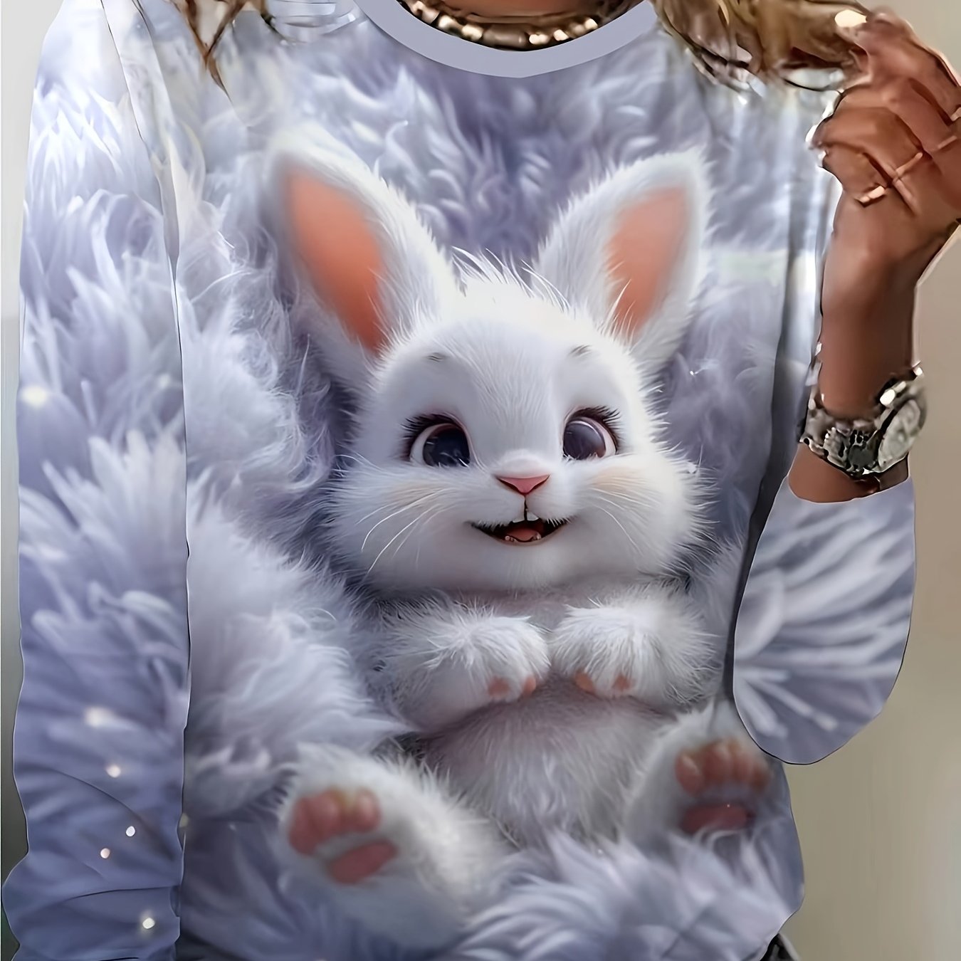 TEMU Plus Size, Women's Cute Rabbit Print Long-sleeve Sweatshirt, Soft And Comfortable Autumn/winter Casual Pullover