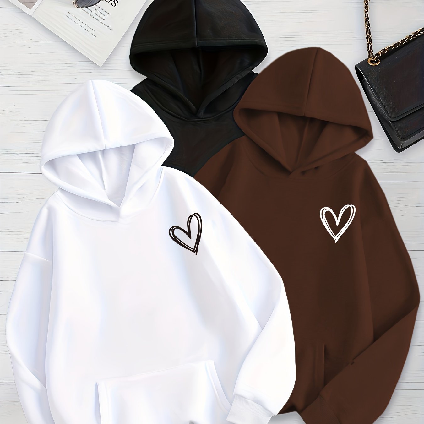 TEMU 3pcs Women's Casual Polyester Hoodies - 100% Polyester Knit Fabric, Heart Pattern, Hooded Collar, Fall/winter Sports Sweatshirt With Pocket