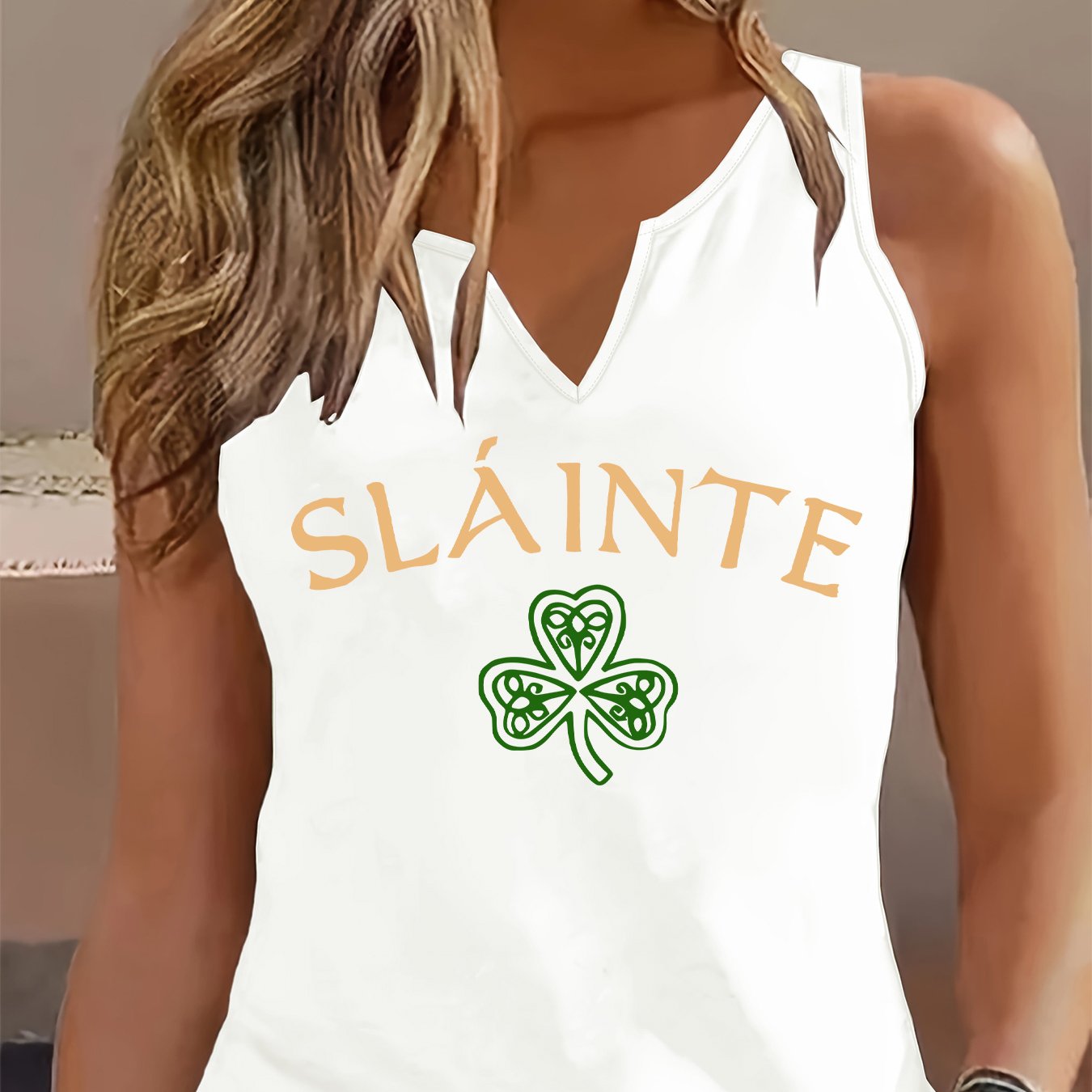 TEMU (052#) Women's Fashion V-neck Sleeveless Tank Top, 's Day Shamrock Versatile Top