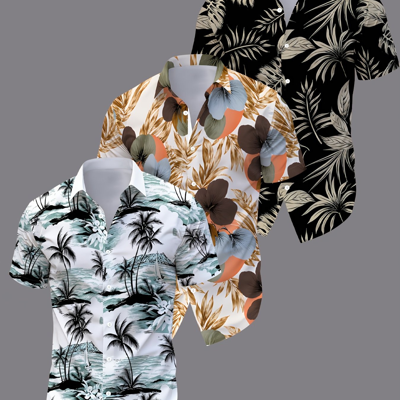 TEMU 3pcs Men's Casual Hawaiian Style Shirt Set, Summer Beach Style Short-sleeve Shirts Three-pc