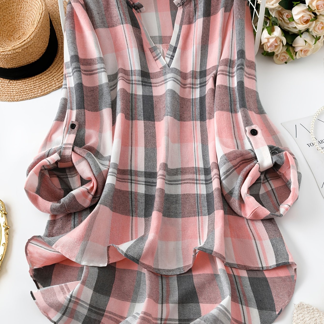 Image of Fashionable Women's Long-sleeve Shirt With Roll-up Cuffs, Elegant Blouse, Women's Top, Women's Clothing
