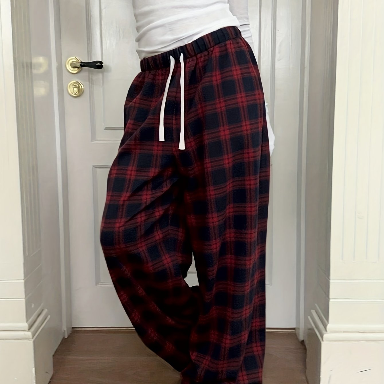 E-shop Damen Plaid Print Lockere Weite Beine Hose | Lässiger Kordelzug Elastischer Bund, Geeignet für Herbst/Winter Wochenendausflüge