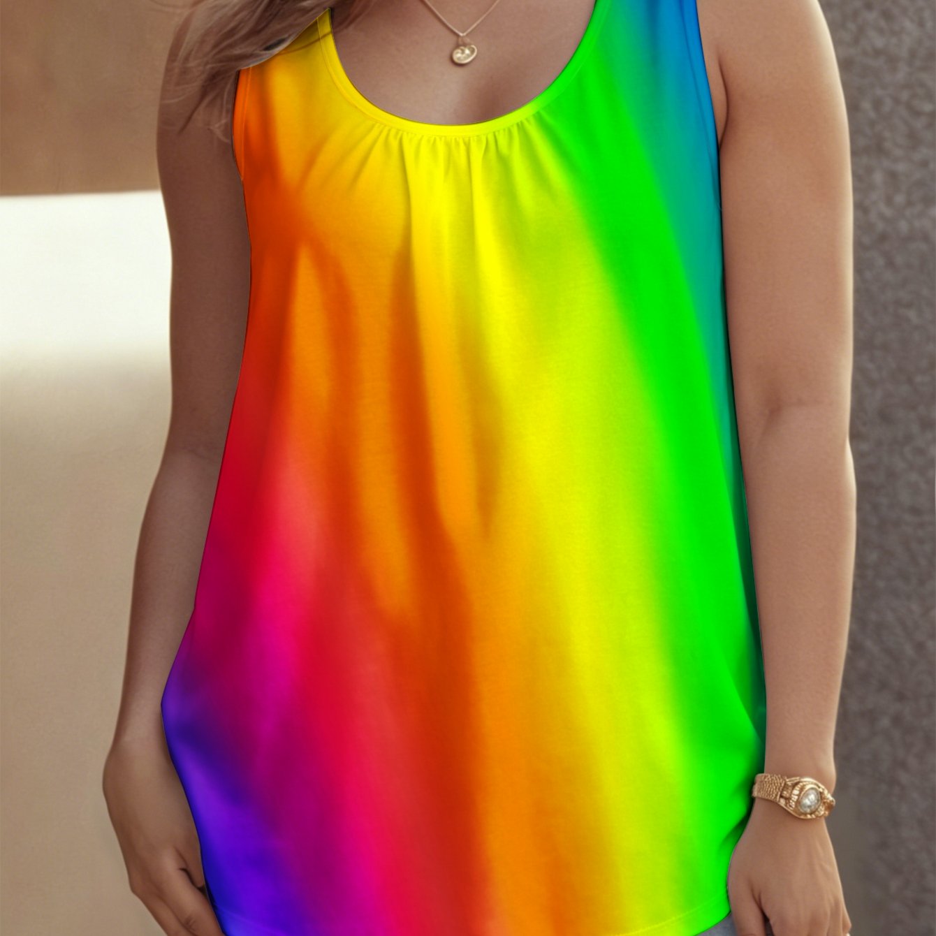 Image of Plus Size - Women's Plus Size Crew Neck Sleeveless Tank Top, Sizes 0xl-9xl Rainbow Gradient Print Stretch Summer Suitable For , Beach And Travel, Stylish Sexy Outfits For Women