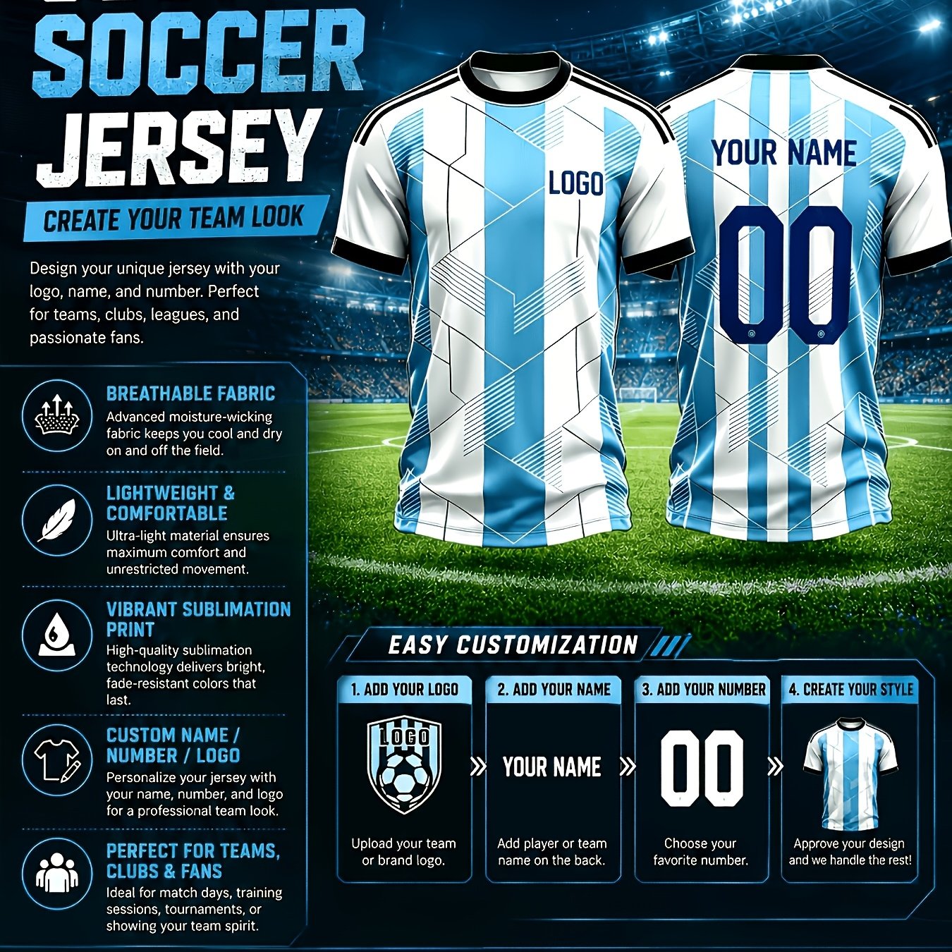 TEMU Customizable Soccer Jersey With Name And Number Print, Football T-shirt, Print Geometric Lines And Flag Soccer Shirt, Unisex Round Neck Short