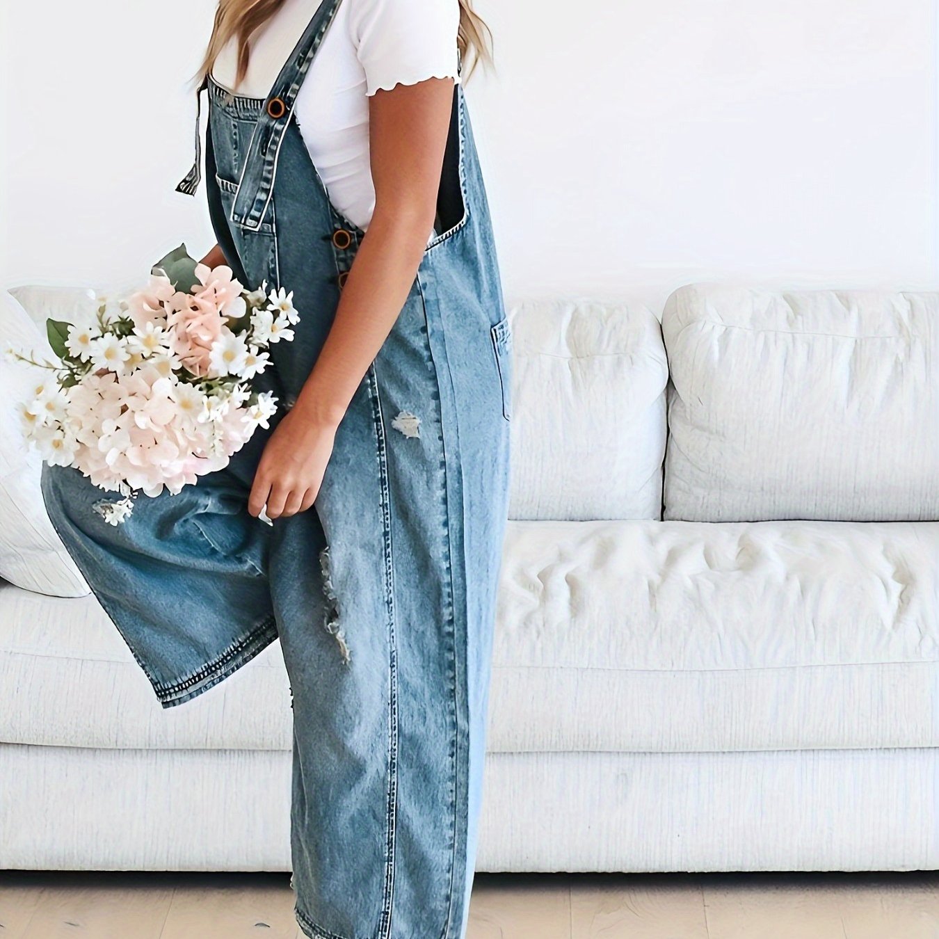 TEMU Women's Adjustable Shoulder Strap Denim Overalls Jumpsuit - Loose Fit Ripped Wide-leg Pants, Machine Washable With Decorative Pockets, Casual