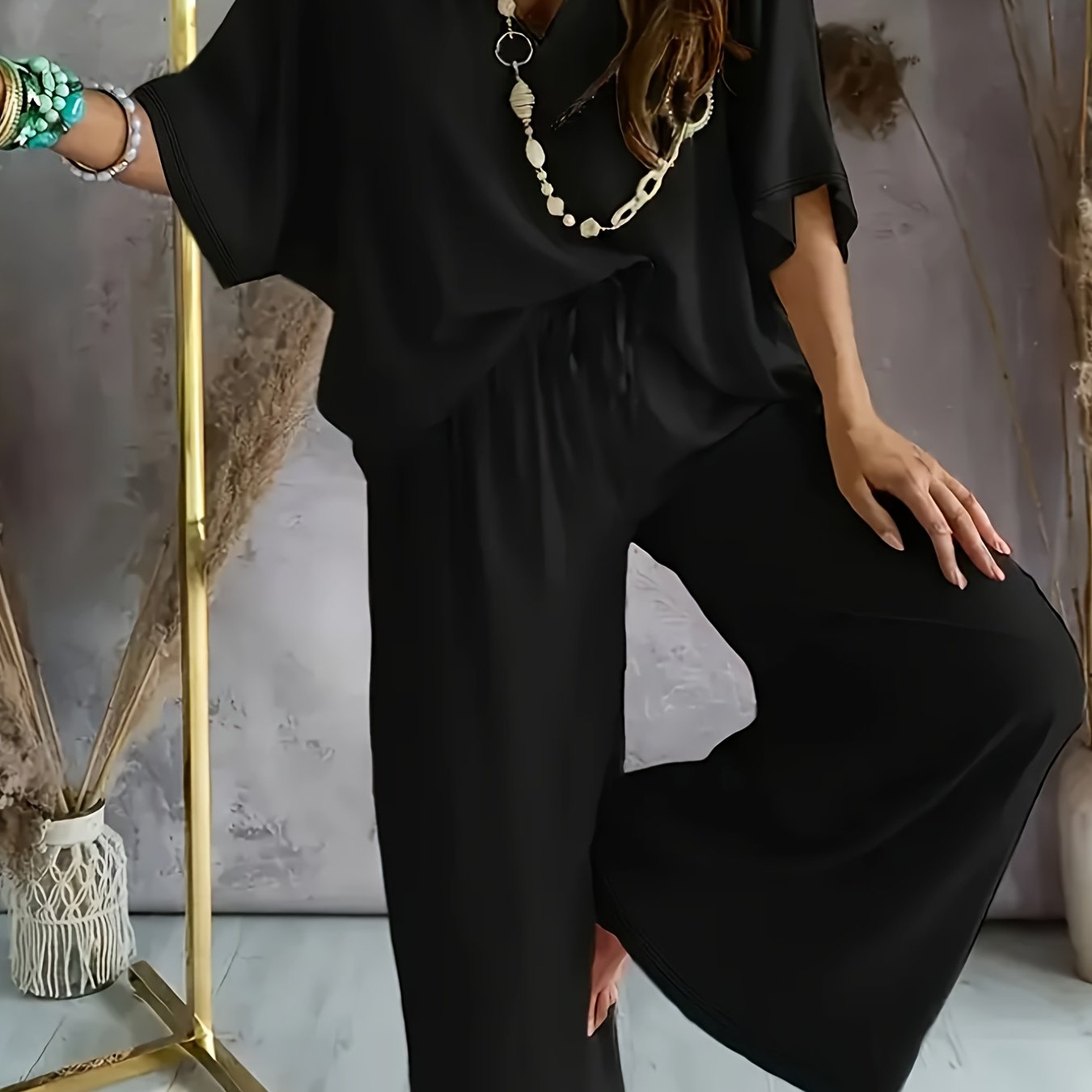 Solid Color Plus Size V-neck Casual Suit