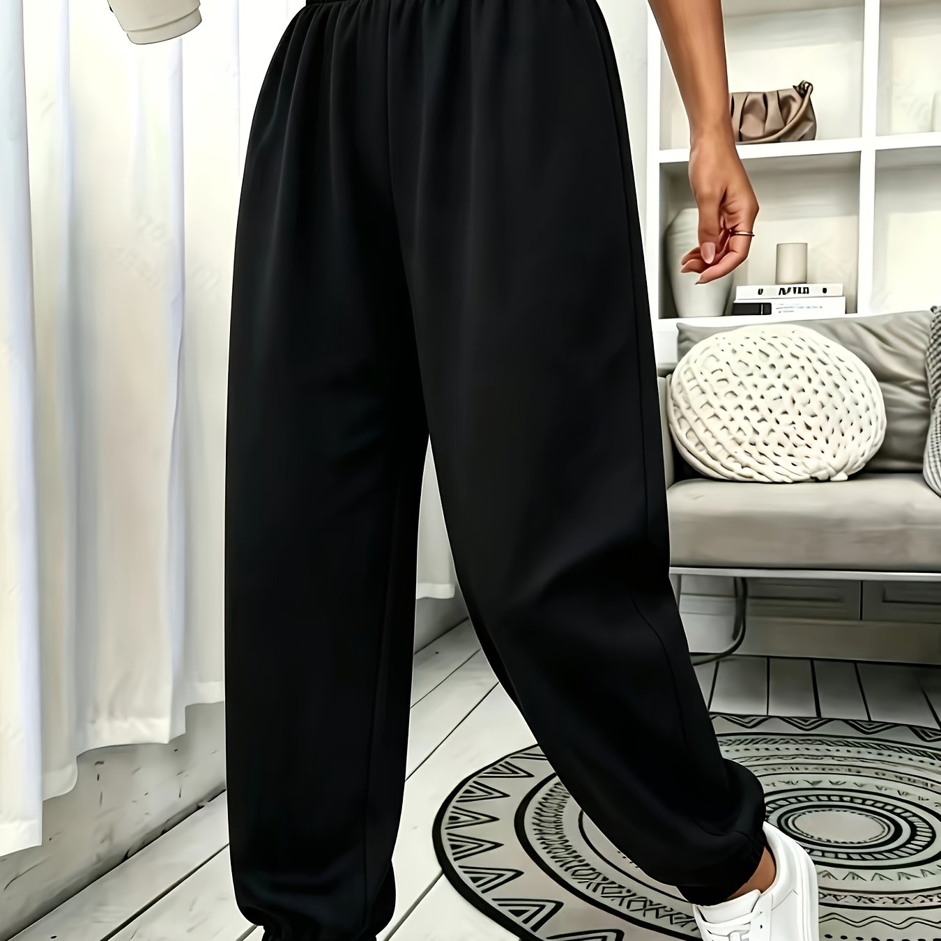TEMU [casual Sportswear] Western New Women's Fashion Solid Color All-match Ankle-cinching Sweatpants Autumn Winter Fleece Warm High-waist Elastic