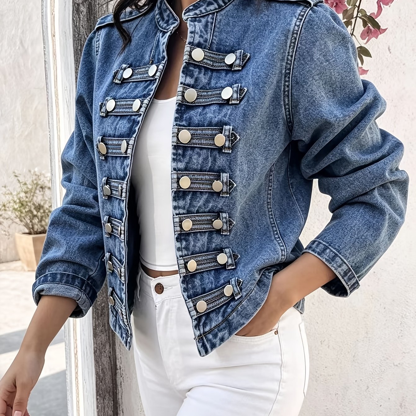 Image of Women's Blue Vintage Royal Button Front Denim Jacket - Washed Baroque Corset Style Cropped Coat