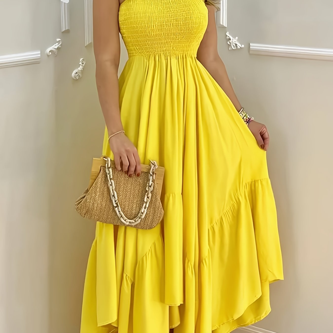 TEMU New Women's Yellow Dress, Sleeveless, Elegant And , Wrap-front Design, High Waist, Fluffy And, Mermaid Hem, Solid Color, , Light Luxury, , Maxi