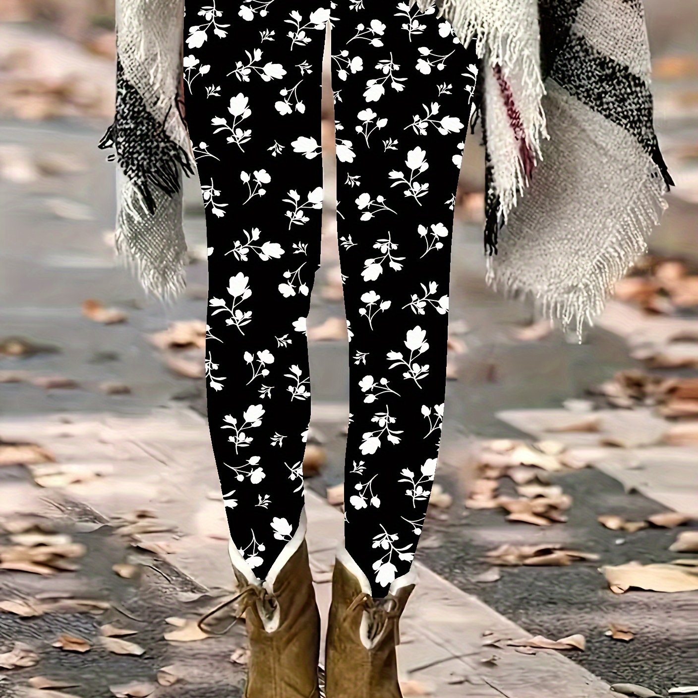 TEMU Plus Size - Plus Size - Plus-size Floral Printed Leggings, Casual Stretchy Base Layer Pants, Women's Plus-size Clothing