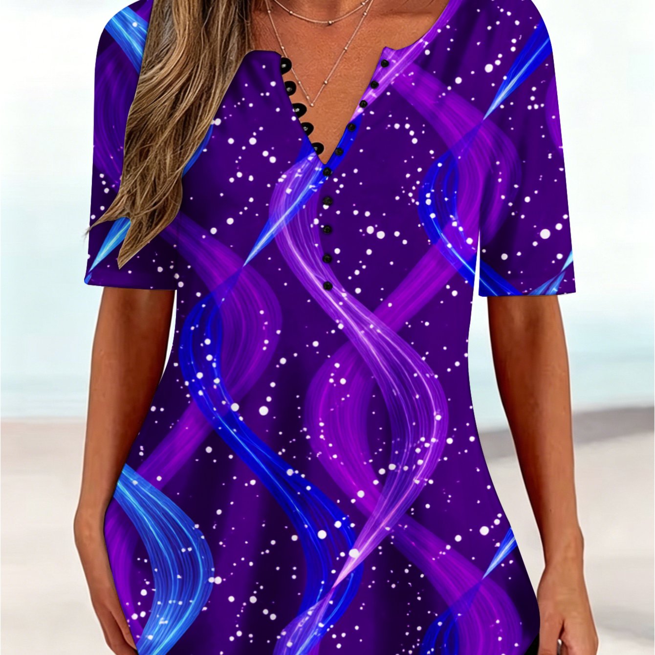 Image of Plus Size, Plus-size Casual Tops Purple Swirls Stars Pattern Women's Summer Stretchy Wear Short Sleeve