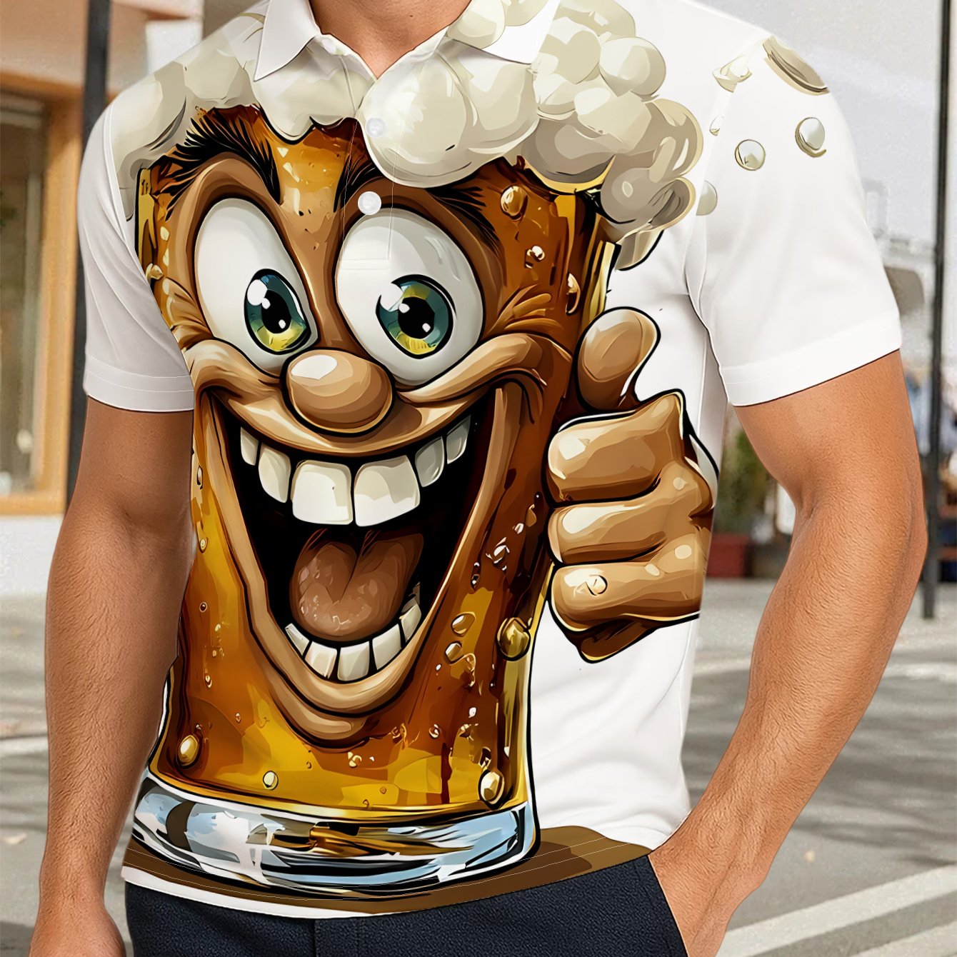 TEMU 's Casual Short-sleeve Shirt Featuring An Anthropomorphic Of Beer With A And Double Thumbs Up, A Breathable Casual Top With A Loose, , Perfect