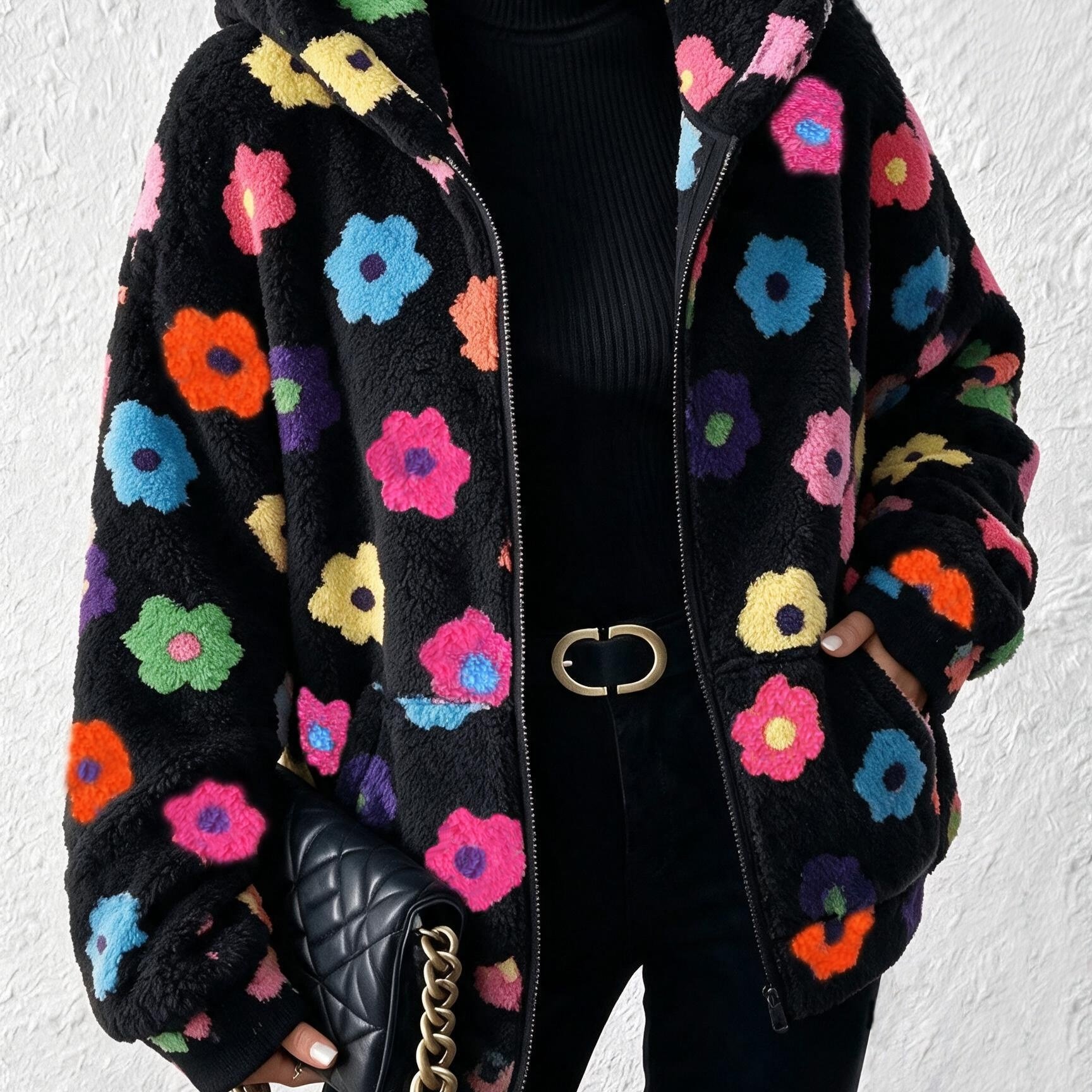 TEMU Plus Size - Sweet Multicolor Small Floral Plush Coat Women's Hooded Zipper Cardigan All-match Printed Coral Fleece Autumn Winter Outerwear Size
