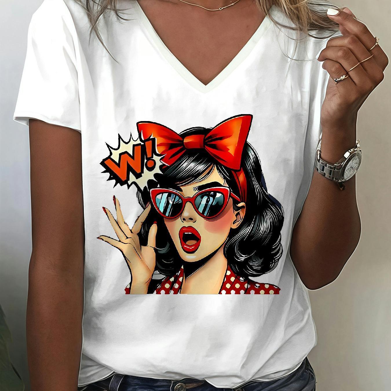 TEMU LZ250823x78 T-shirts à manches courtes et col en V avec impression 2D à plat, T-shirts décontractés à col en V pour , l'été et - Vêtements de