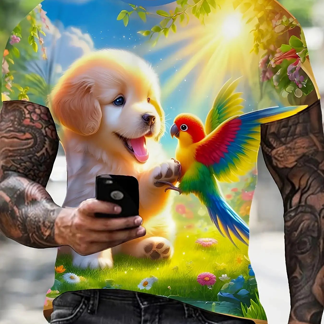 TEMU Men's 3d Print Golden Retriever And Parrot Pattern T-shirt - Vibrant Floral Design, Short-sleeve Summer Top, Casual Outdoor Wear, | Durable