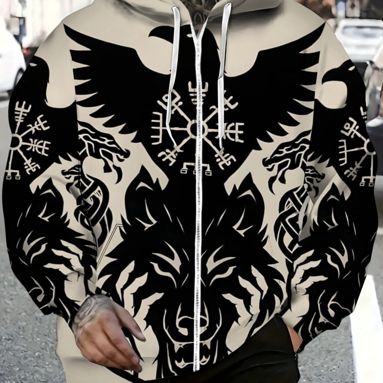 TEMU Men's Polyester 3d Digital Printing Hoodie With Viking Wolf And Eagle Design, Lightweight Durable Streetwear For Outdoor Activities And Casual