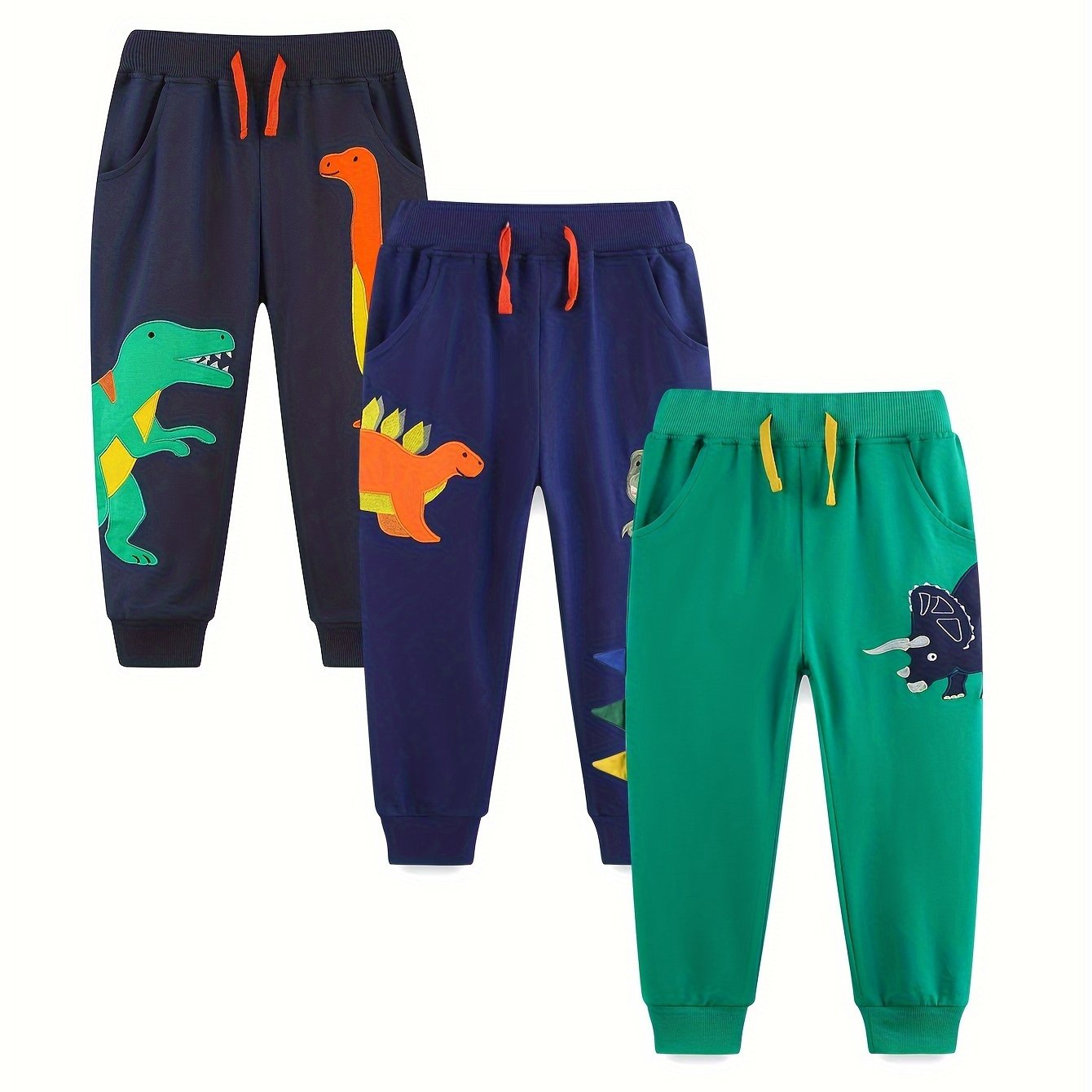Image of A Set Of 3 Casual Long Pants For Boys, Featuring Dinosaur Embroidery, Made Of Pure, Suitable For Spring And Autumn, With A Slightly Stretchy Knit Fabric, For Outdoor