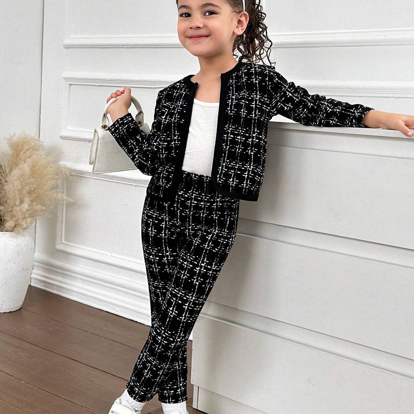 Image of 2pcs/set Young Girl Knit Cardigan And Matching Knit Leggings Set, Graduation Outfit, For Outdoor, Christmas, Halloween