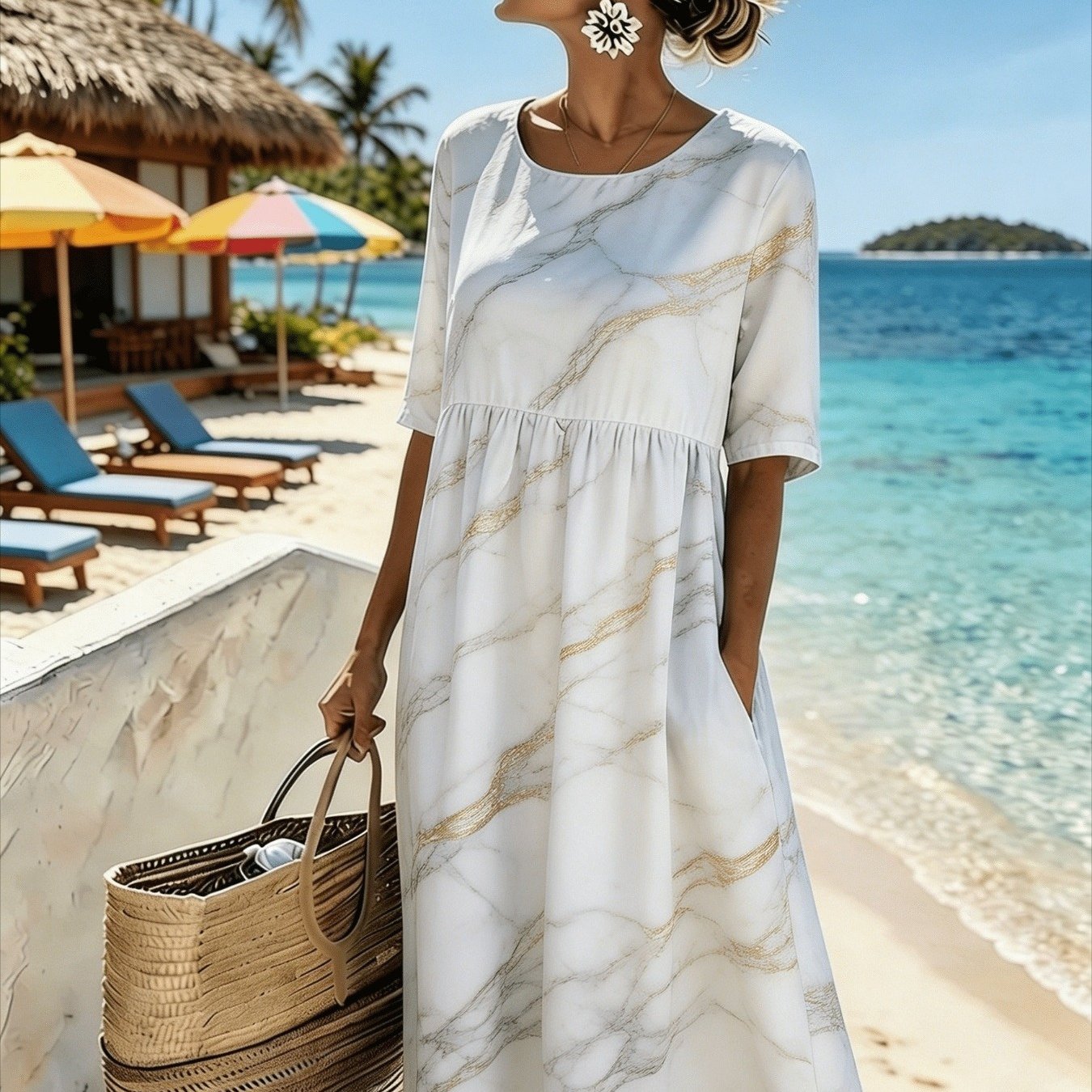 Women's Elegant Midi Dress- Casual 3/4-sleeve, Crew Neck, Loose-. Machine Washable. A Comfortable Beach& Vacation Dress, Perfect For Travel, Getaways, And Everyday .