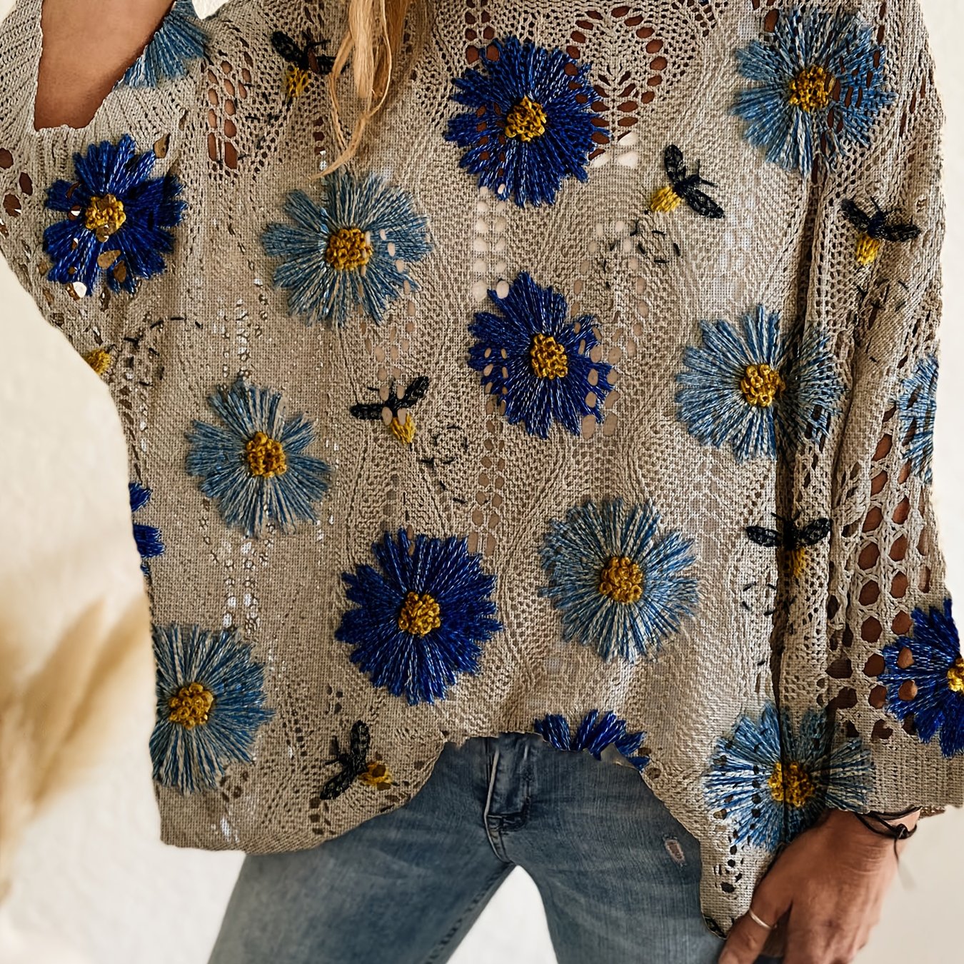 Image of Spring Summer Autumn Style, V-neck Diamond Hollow-out Batwing Drop Shoulder Loose Fit, Multicolor Floral Print Long Sleeve Women's Top, , Casual Elegant , Women's Vest Cover-up, Bikini Cover-up