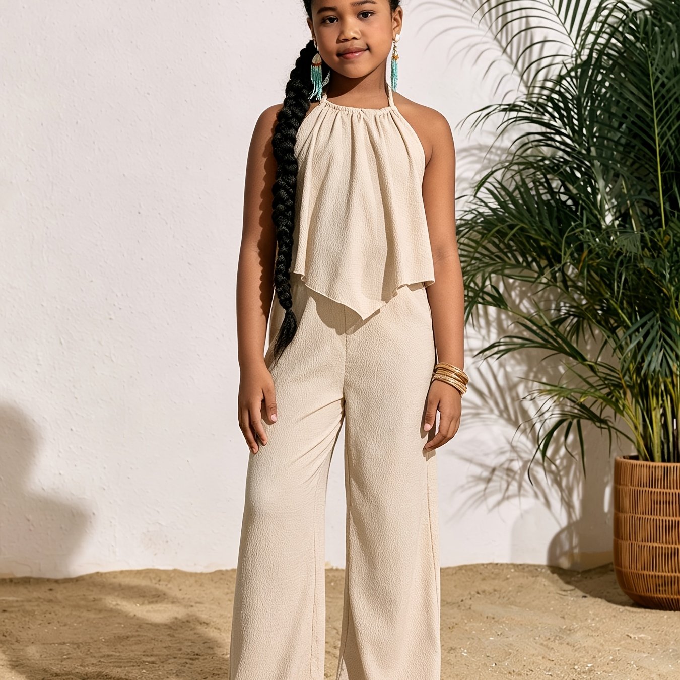 E-shop Sommerliches Freizeit-Outfit für Mädchen: Ärmelloses Top und Weite Hose in Unifarben, Modisches Kinder-Set mit Schlaghose, für