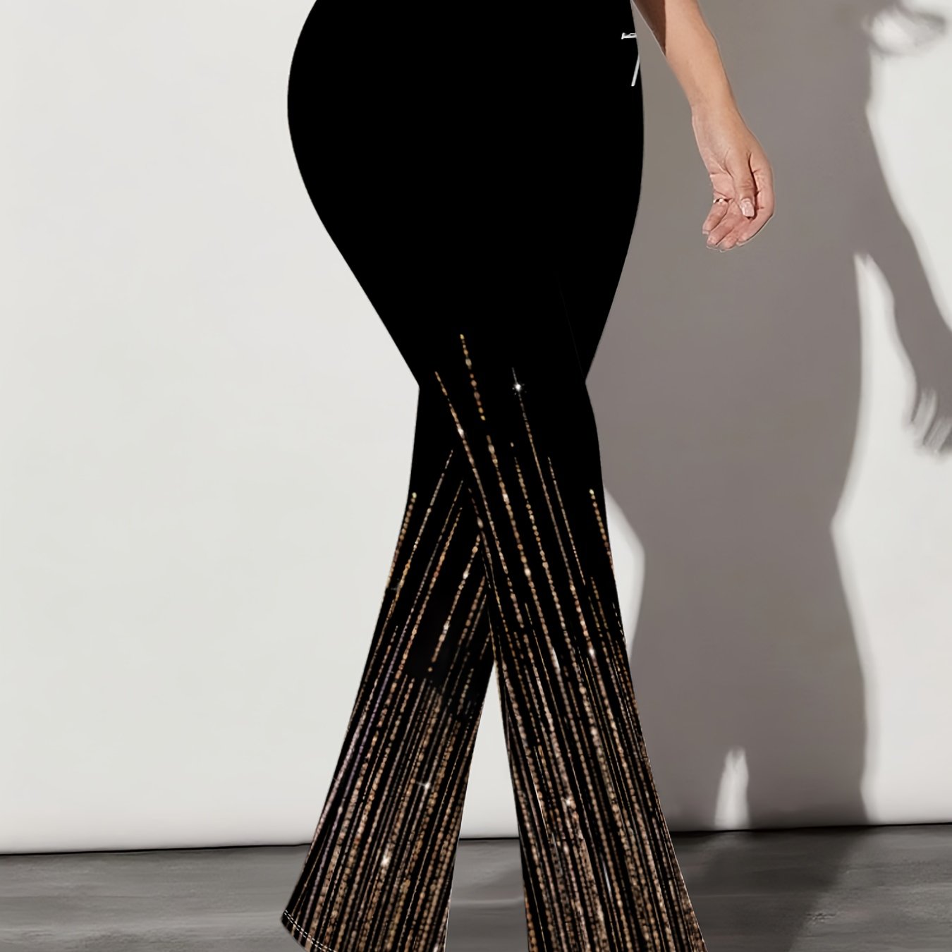 TEMU Women's High-waisted Wide-leg Flared Bell-bottom Pants - Elastic Waist Trousers With Vertical Stripe Print, Stretch Fabric Suitable For Casual,