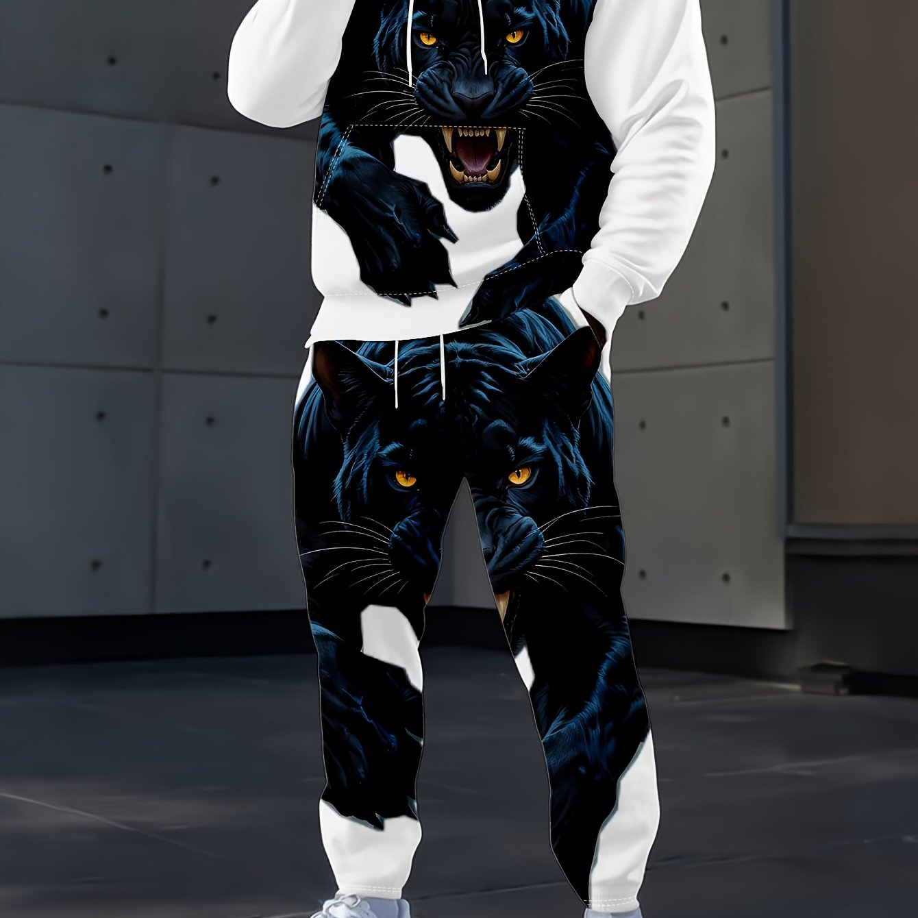TEMU Men's Casual Hooded Sweatshirt Set, Cool Tiger Print Top + Pants Two-piece Combo
