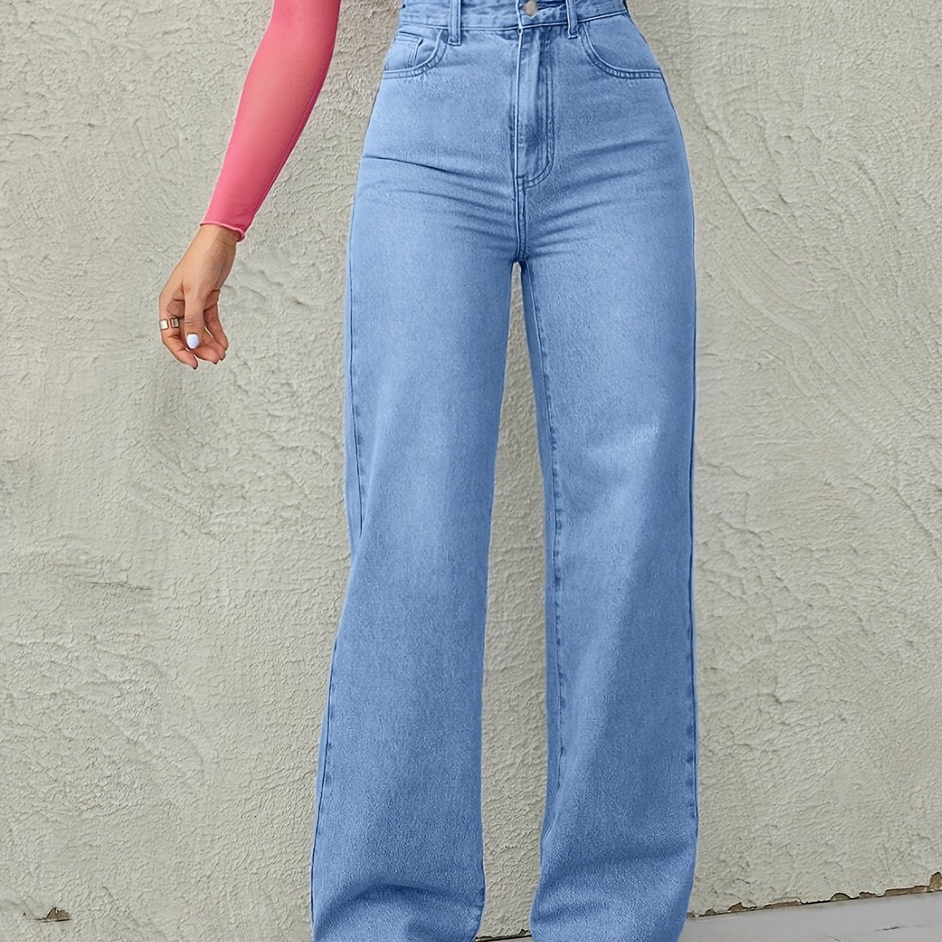 TEMU High Waisted Loose Comfortable Wide Leg Jeans Blue Light Wash Diagonal Pockets Medium Stretch Straight Jeans