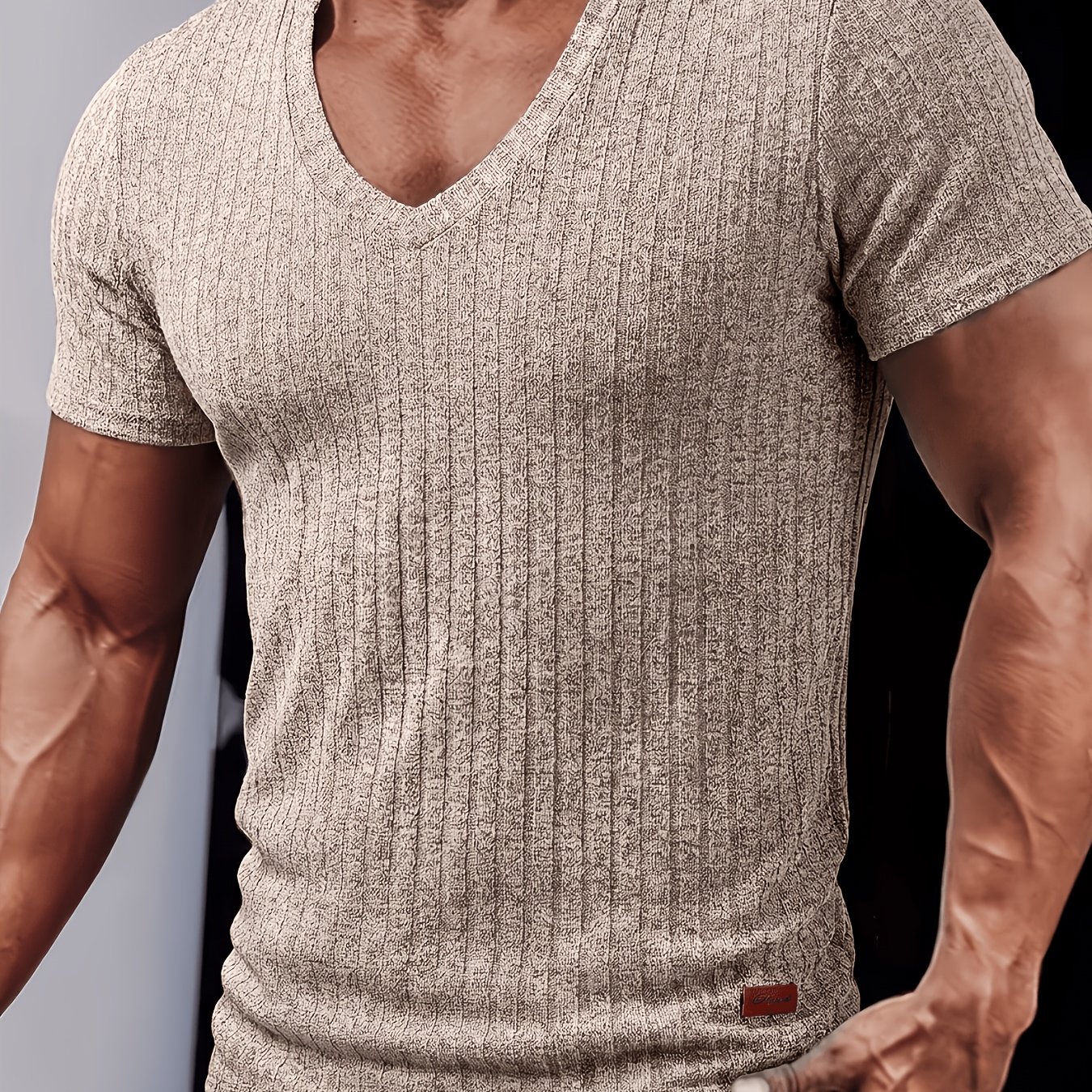 TEMU Men's Fashion , Spring Summer Outdoor Casual Textured Ribbed Fabric, Zhangzi V-neck Short Sleeve Men's Henley Shirt