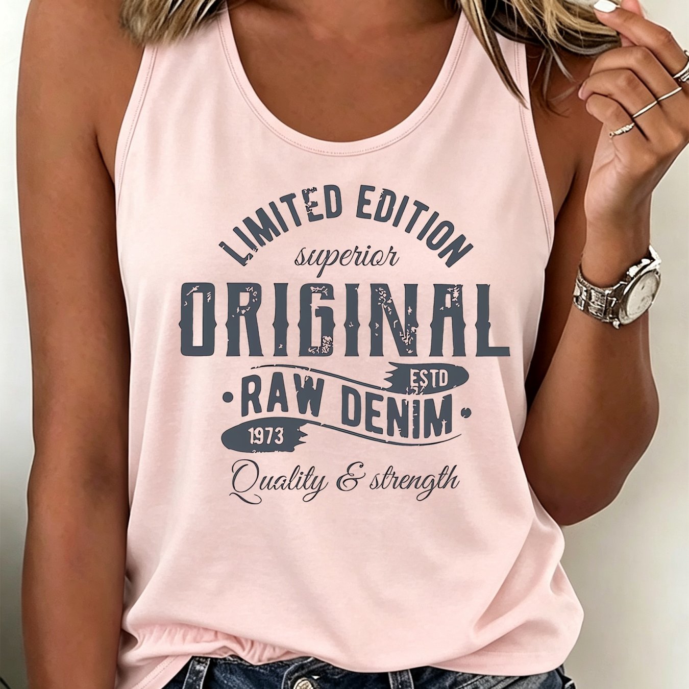 TEMU Edition Vintage Distressed Letter Print Tank Top, Worn Text Sleeveless Top